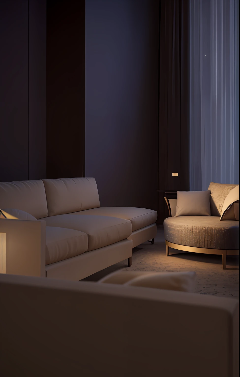 Room with a window with sofa and chairs, Dramatic ambient lighting, cinematic accent lighting, dramatic ambient light, highly photographic render, dramatic lighting render, mysterious ambient lighting, Ambient lighting at night, Dynamic and atmospheric lighting, with photorealistic lighting, Dappled dynamic lighting, Dramatic dream lighting, Warm ambient lighting