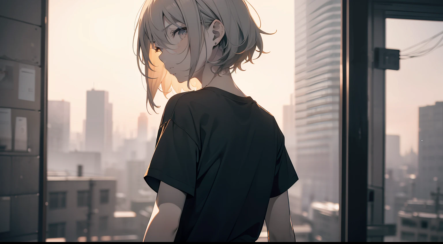 faded tone, monochrome, a little dark orange tone, cool girl, hipster, grey hair, upper chest shot, tall, small chest, thin, flat chest, androgynous, monochrome, black, blue, white t shirt, heavily blurred background, city at dawn, from back, looking back, blurry image as a whole