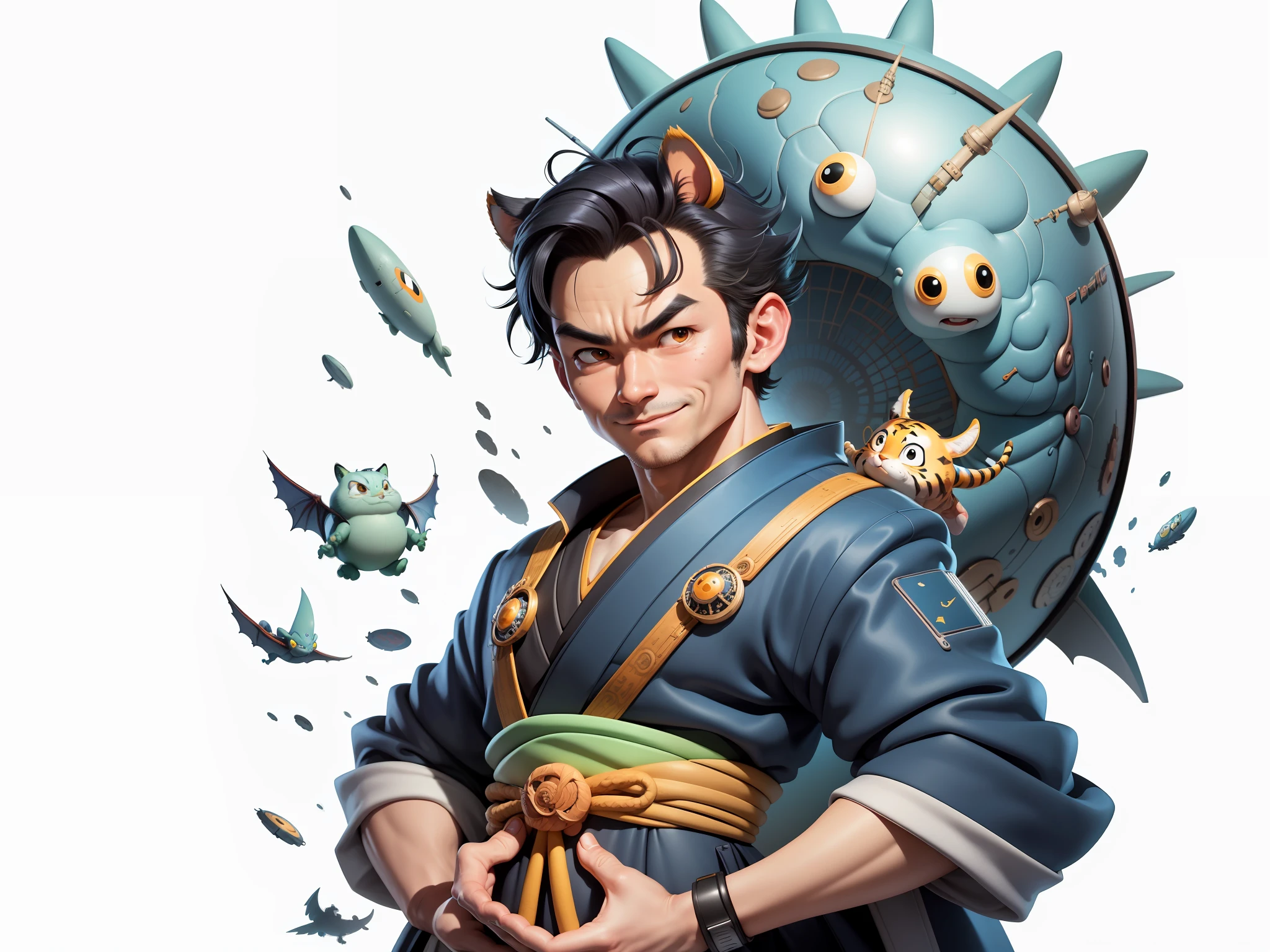 (Masterpiece), (Excellent), (Super Meticulous), (Full Body: 1.2), Super Young Man, Oriental Face, Japanese Kimono, Japanese Wind Thunder God, Dragon, Tiger, TV Anchor, Bust Portrait Illustration, Alone, Black Suit, Blue Tie, Slightly Chubby Face, Very Clean Face, No Beard, Black Super Short Hair, Black Eyes, Confident Smile, 3c Computer Sub-Products, iPad, iPhone, Digital Painting, 3D Character Design by Akira Toriyama and Mark Claireden and Pixar and Hayao Miyazaki, The illustration is a high-definition illustration in 4K resolution with very detailed facial features and cartoon-style visuals.