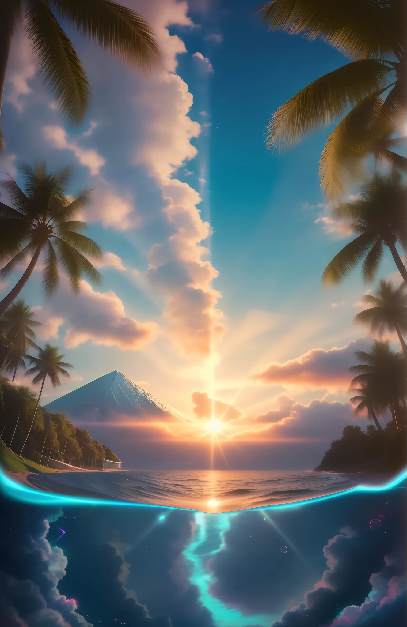 , seaside, Fluffy clouds in the sky, Outrun, Vaporware, Trending at ArtStation,  Very detailed and delicate details, Complexity, (lens flares: 0.9), (Back lighting: 0.9), (Bloom: 0.9), [Style-Micro::10]
