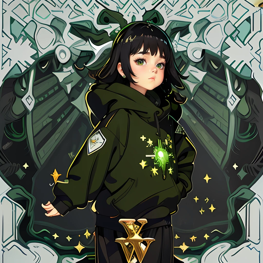 one-girl,Ten years old,Black color hair,White sweatshirt,Masterpiece,8K,Pixel art 1000×1000, green color,standing on your feet,Master's,Super refined,freshen,