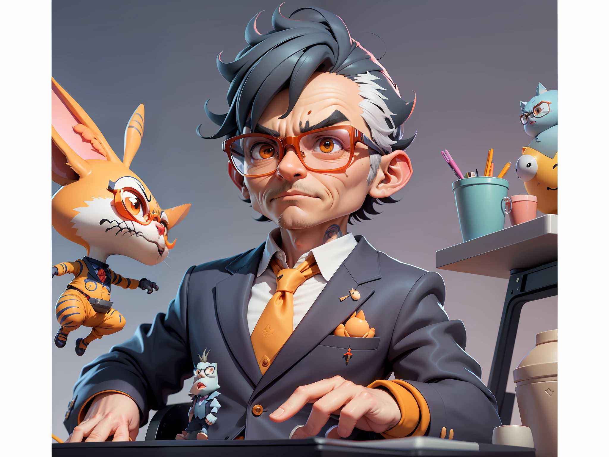 A young man in a suit, Short hair and glasses sat at his desk,holding laptop,digitial painting,tigre,3D character design by Mark Clairen and Pixar and Hayao Miyazaki and Akira Toriyama,4K HD illustration,Very detailed facial features and cartoon-style visuals。