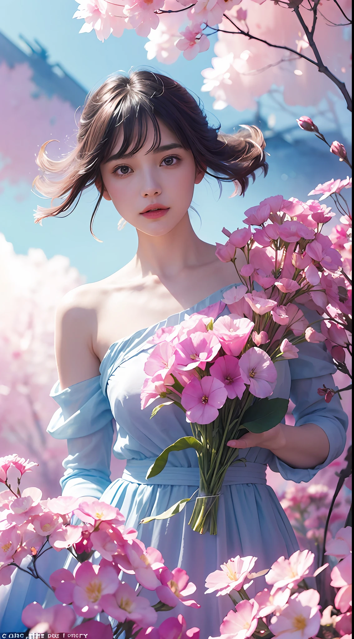 1girl,flower, Lisianthus ,in the style of light pink and light azure, dreamy and romantic compositions, pale pink, ethereal foliage, playful arrangements,fantasy, high contrast, ink strokes, explosions, over exposure, purple and red tone impression , abstract, ((watercolor painting by John Berkey and Jeremy Mann )) brush strokes, negative space,