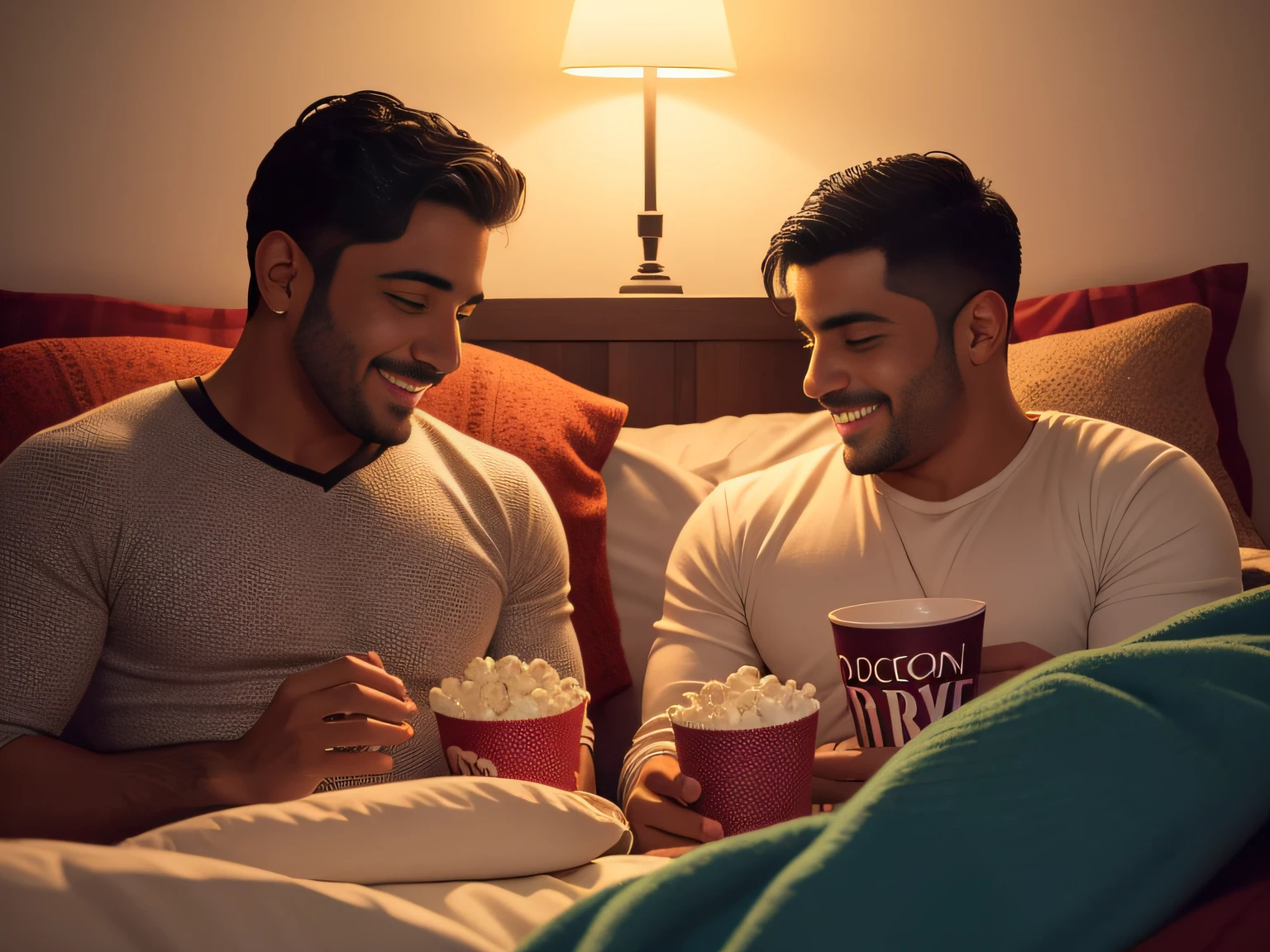 Latino gay couple enjoying a cozy movie night together, snuggled up in bed surrounded by warm blankets and soft pillows. The dimly lit bedroom creates a soothing ambiance as they share a bowl of popcorn. Their expressions are filled with love and contentment as they get lost in the captivating story unfolding on the screen.