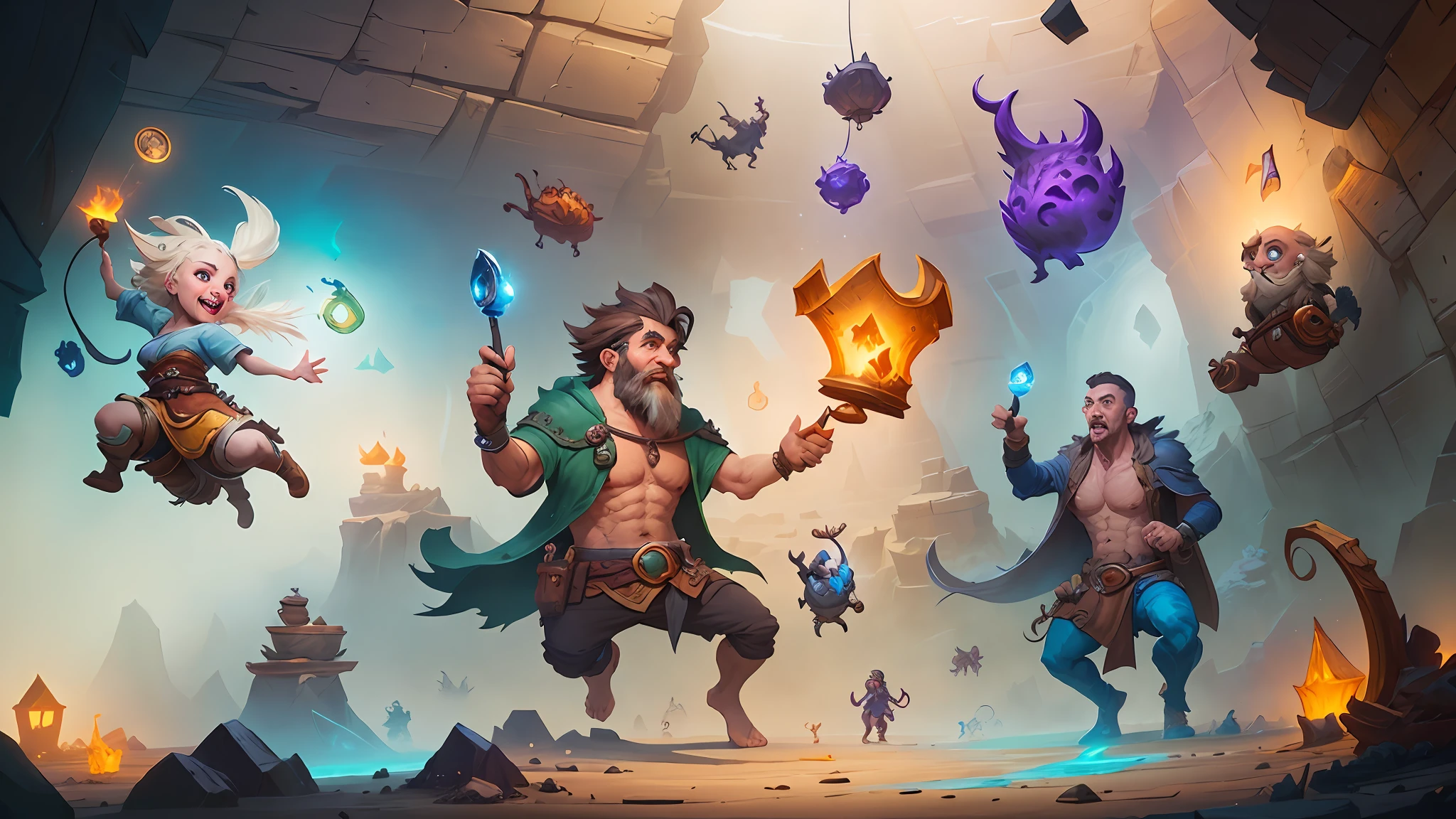 In the cave there is a man with a torch in his hand, fantasy rpg book illustration, hearthstone concept art, fantasy hearthstone art style, The Art of Hearthstone, D & D Fantasy Digital Painting, Hearthstone Splash Art, Official Hearthstone Screensaver, Hearthstone Artwork, Valve Рекламный Splash Art, Hearthstone Card Art, dungeons and dragons fantasy art, Hearthstone art, epic rpg artwork