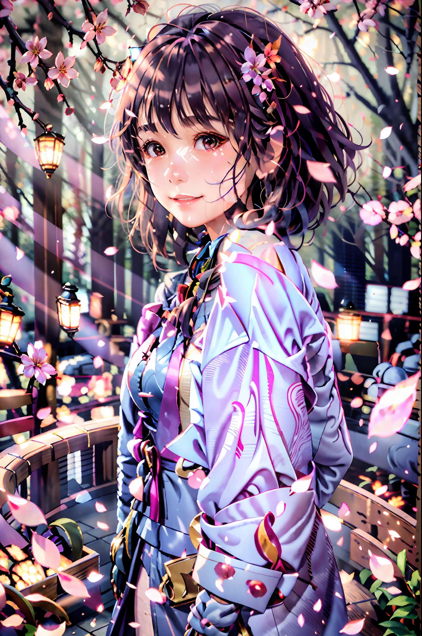 "Masterpiece level，Premium image quality，iintricate，Soft light and shadow，Traced rays with a depth of field effect，Flare effects，particle fx，Tone-mapping，Detailed picture，A 16-year-old girl wears a pink and gray dress，Flowers bloom around，floating petal，Bright smile，In the autumn forest。"