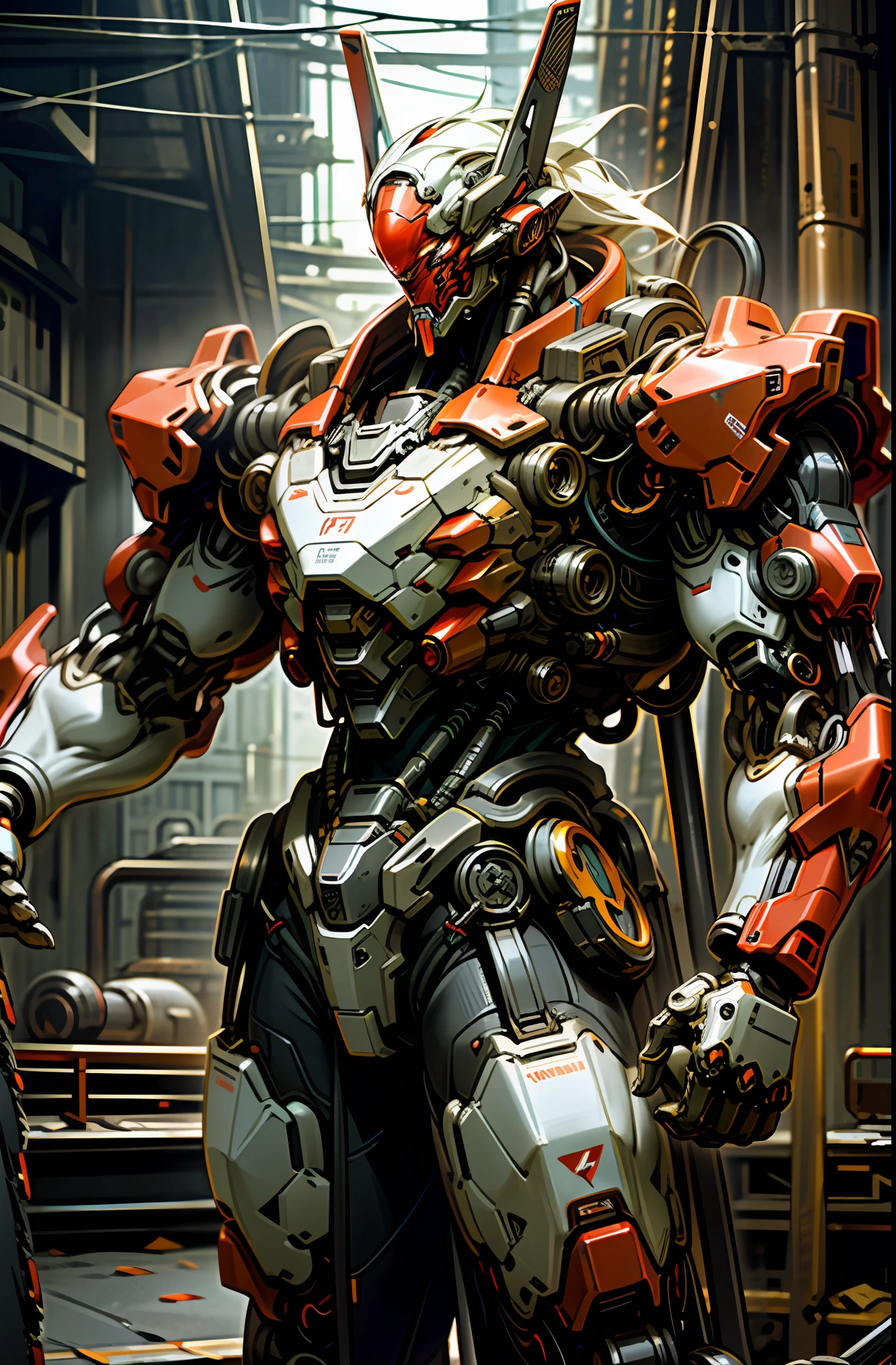 Dark_Fantasy,Cyberpunk,(chain saw,chain saw man,Red:1.1),1man,Mechanical marvel,Robotic presence,Cybernetic guardian, wearing a worn-out mech suit, intricate, (steel metal [rusty]), elegant, clear focus, shot by greg rutkowski, soft lighting, vibrant colors, masterpiece, ((street)), cowboy shot, dynamic pose,