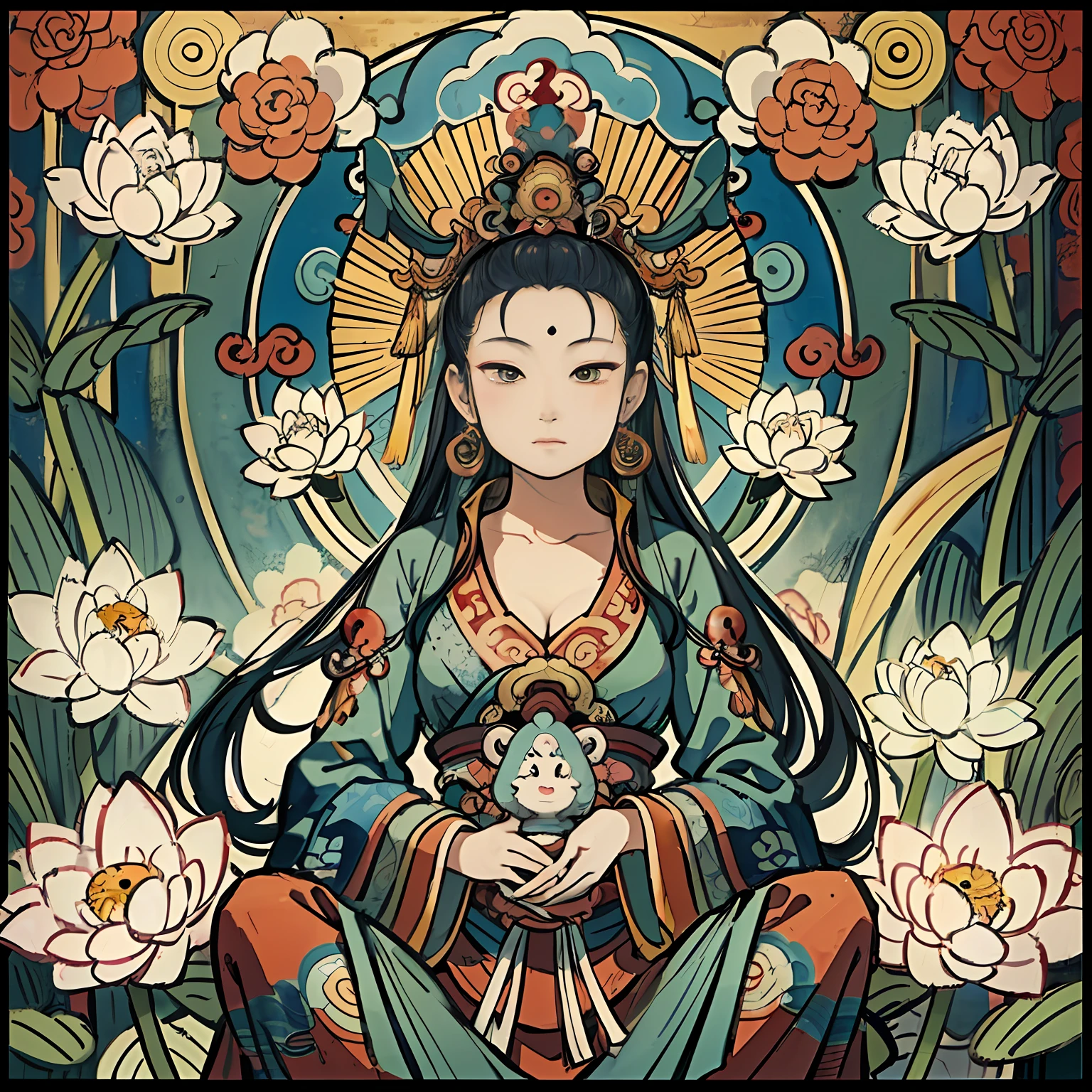 an ancient Chinese goddess, guanyin of the southern seas, Guanyin, Inspired by India, Avalokiteshvara,,Serene expression,shui mo hua,Buddha,Buddhist,Lotus,Chinese painting style,Thangka style