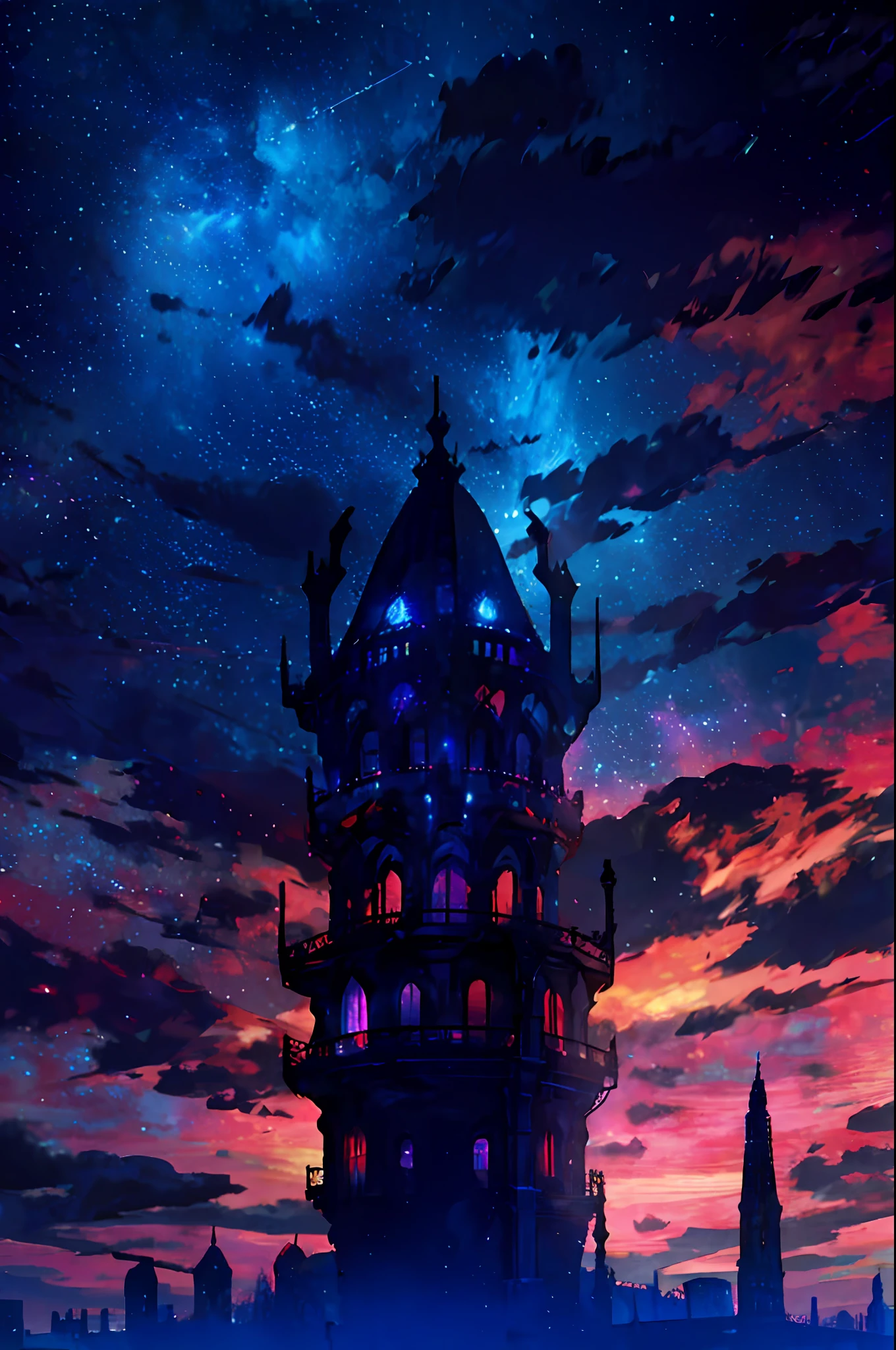 towers of god, blue towers, violet, blue, red, god, red sky, violet sky, starry sky, stars, starry towers, starry god, light blue, civilization, order