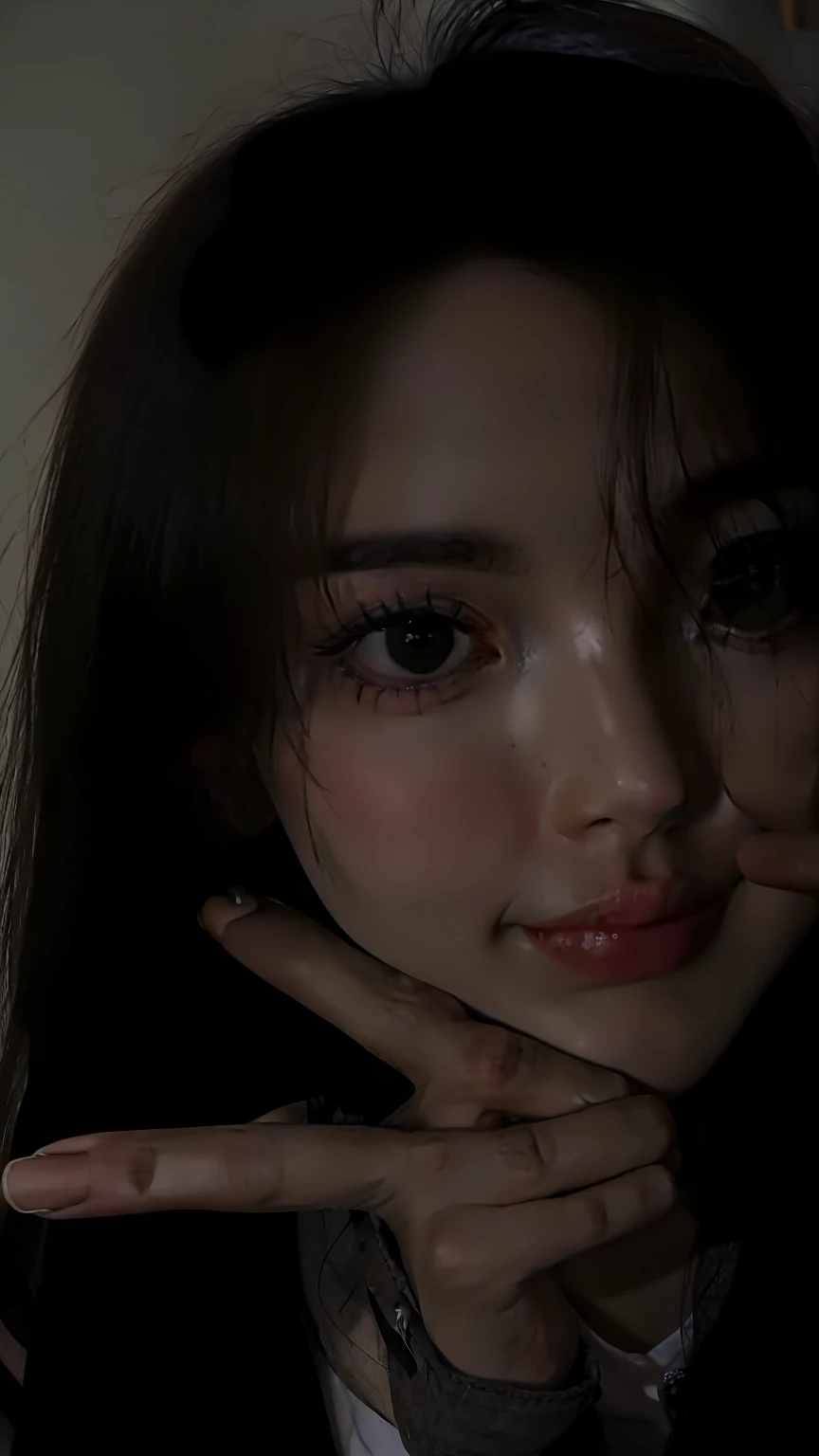 Araved woman with long hair and black shirt holding cell phone, She has a cute face, tzuyu from twice, Shin Jinying, jaeyeon nam, She is facing the camera, eyes are glowing, obscured face, ulzzangs, she is about 1 6 , lovingly looking at camera, with glowing eyes, eyes glowing, personal profile picture