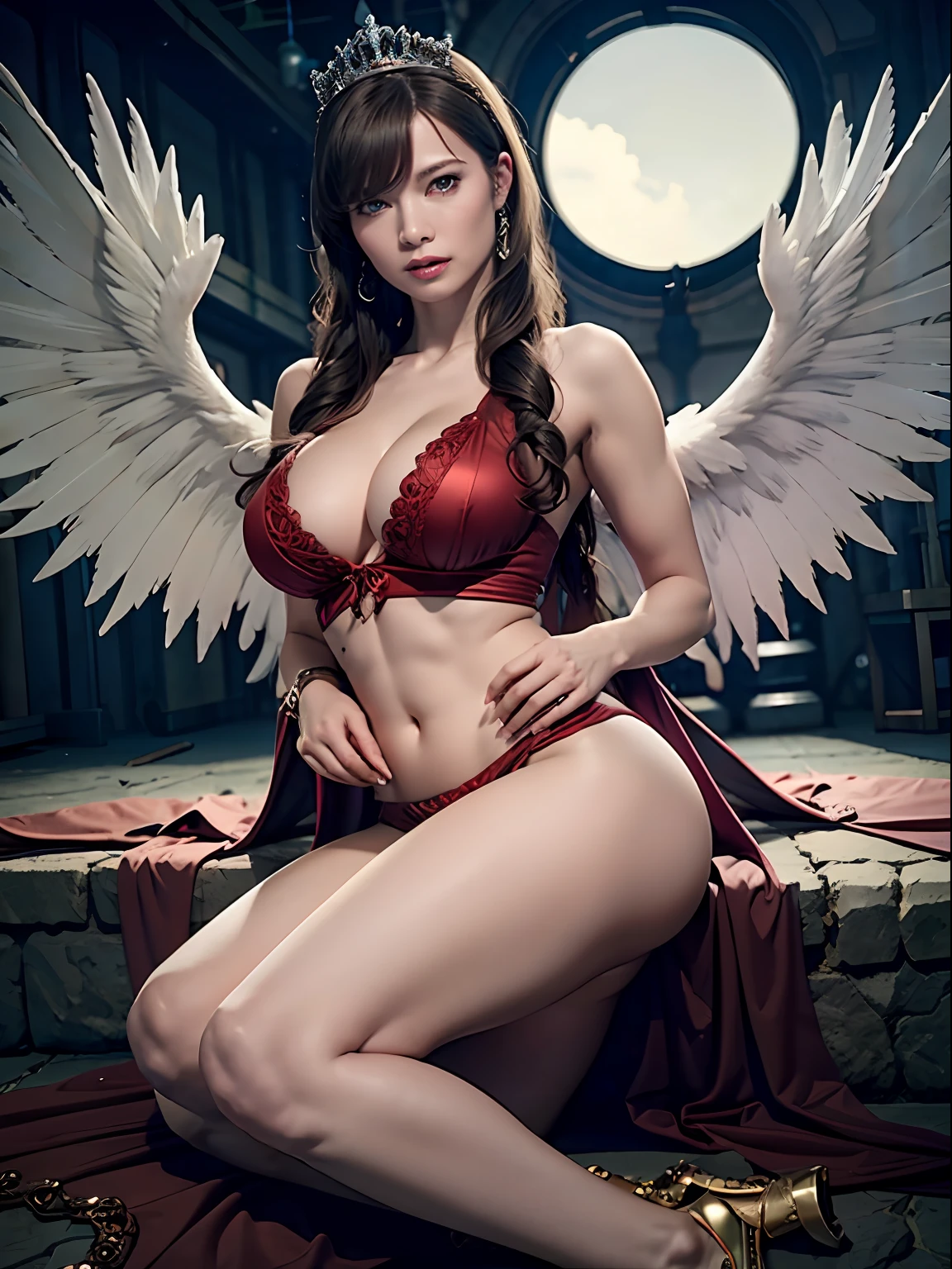 Ultra detailed complex 3D rendering of face, (: 8.8), (masterpiece, top quality, octane rendering, 8K), glamour shot full body image, cleavage, (highly detailed skin: 1.2), (exposure: 1.1), (blonde), (wearing a plummet tank top of red silk: 1.5)), blonde hair, beautiful white woman with full soft  and white skin, one with big , long braided hair(portrait))), , dynamic angles, mystical expressions, ultra-realistic photos, (portrait))),  feet, futuristic city background, facial muscles, detailed and beautiful queen tiara, in the style of Marvel Comics, clear focus, studio photography, intricate details, highly detailed, detailed yellow eyes, sharp focus, digital rendering, professional, abs, ( (( Pose))), Natural Jungle, Open Your Mouth Lightly, Mansuji, Open Your ,  Look, Angel Ring, Detailed Angel Wings, Circle of Angels, Beautiful Mouth, Perfect Body Beauty: 1.4,