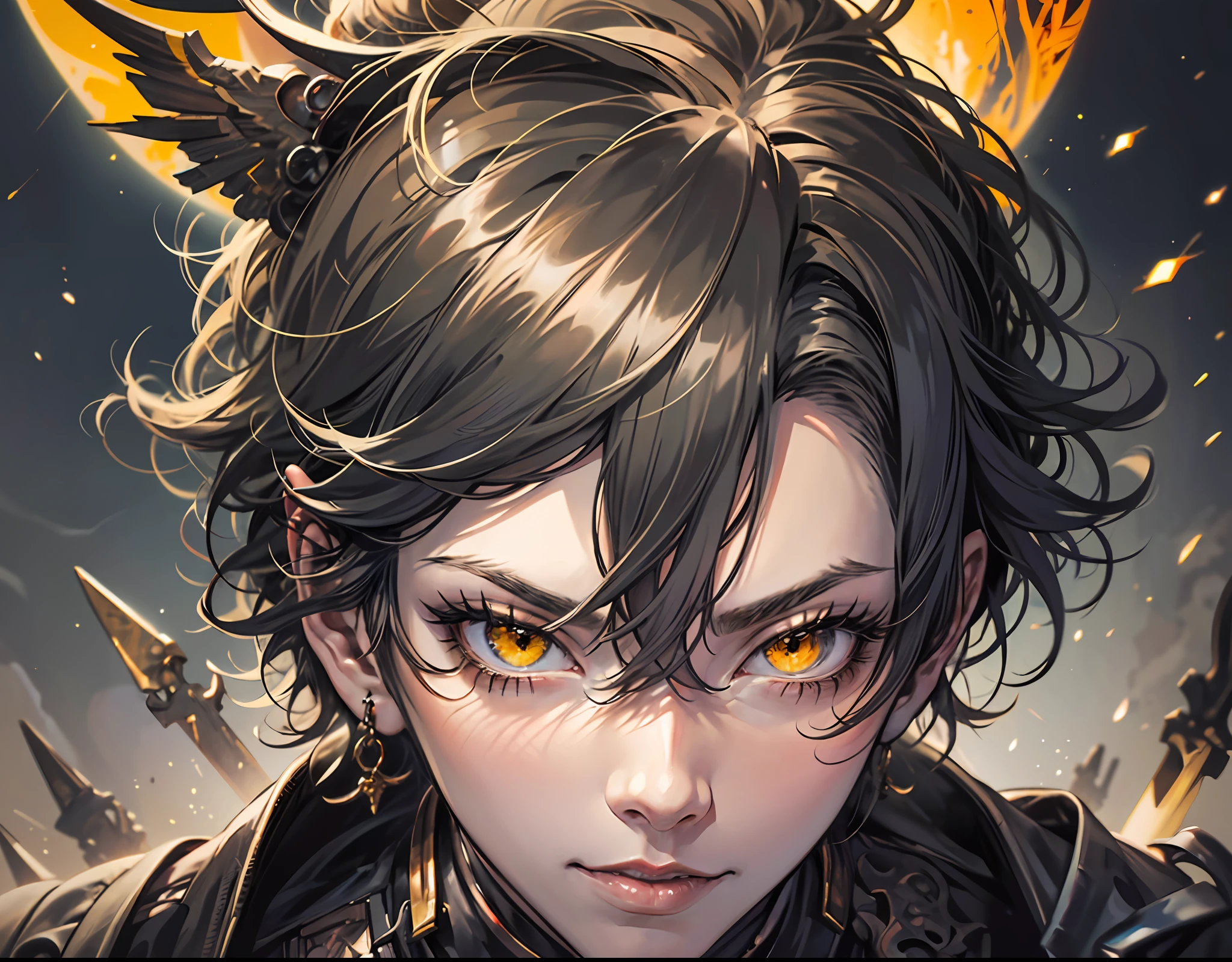 Close-up of a man in a black shirt and yellow eyes, handsome japanese demon boy, Demon Boy, portrait demon half human, dark pit, handsome guy in demon killer art, inspirado em Okumura Masanobu, anime style character, Evil appearance。, flat anime style shading, Male anime style, 2 d anime style, with glowing yellow eyes --auto --s2