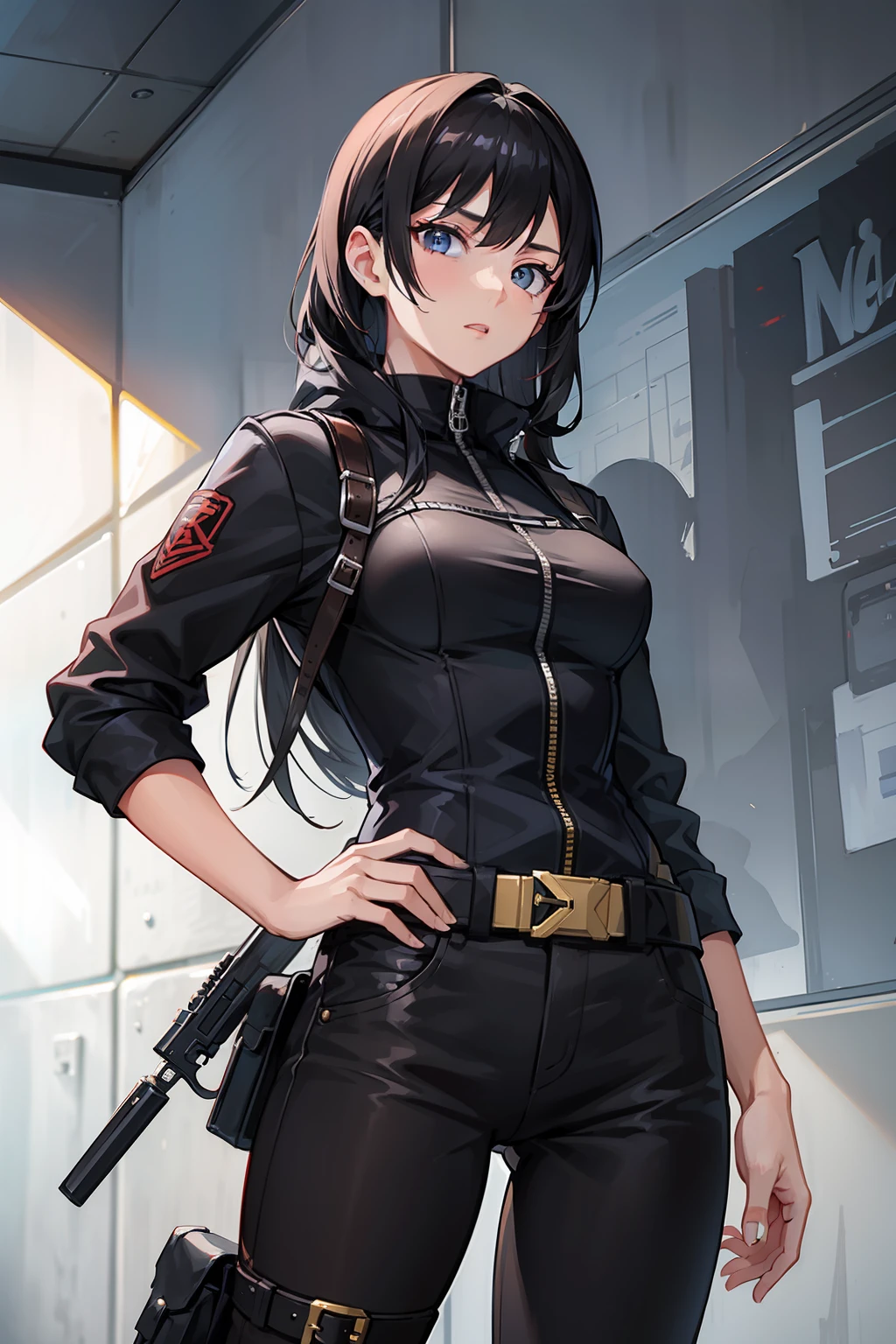 A young female vigilante, black hair.