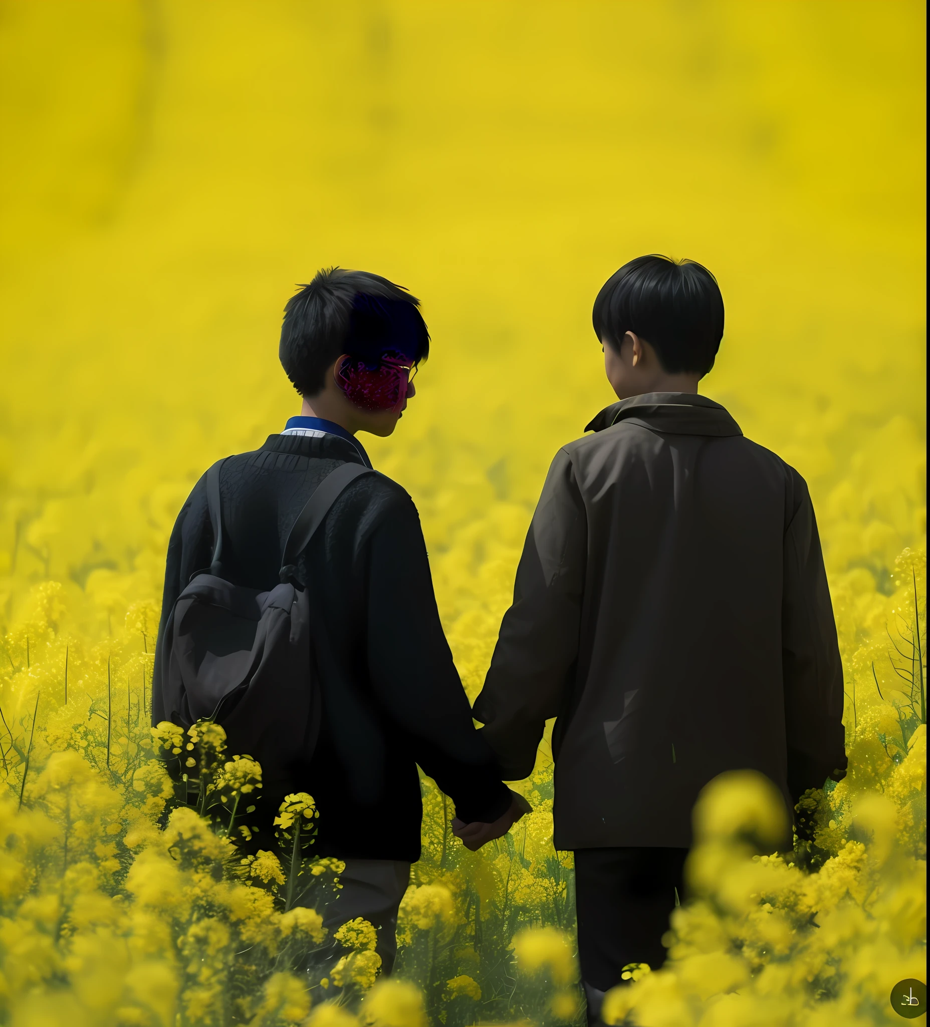 Two s holding hands in a yellow flower field, alessio albi and shin jeongho, A cena mais bonita, still from live action movie, standing in flower field, in a field of flowers, standing in flower field, Still from the movie, haruhi, award winning movie still, high quality film still, cinematic Film still from