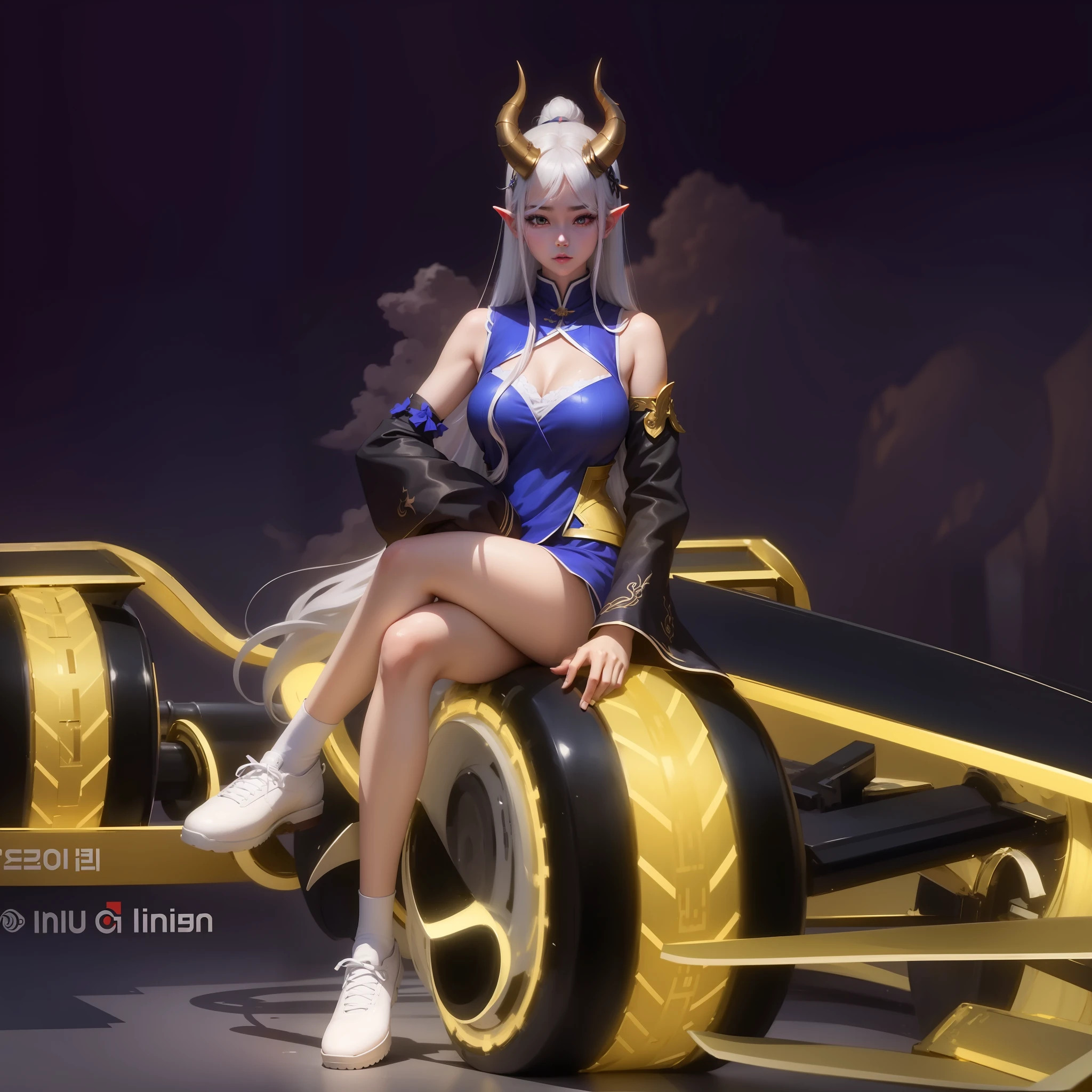 1girl, Korea, anime, 8k ultra, very beautiful,Long hair there are horns on the head, white hair
