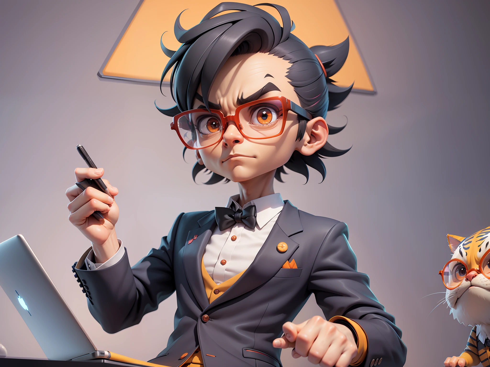 A young man in a suit, Short hair and glasses sat at his desk,holding laptop,digitial painting,tigre,3D character design by Mark Clairen and Pixar and Hayao Miyazaki and Akira Toriyama,4K HD illustration,Very detailed facial features and cartoon-style visuals。