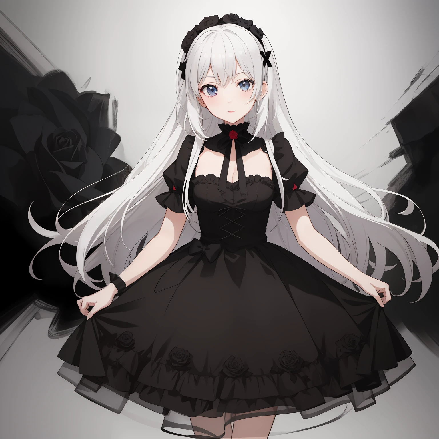 Anime style wallpaper，Girl with white hair and black dress holding rose，Gothic anime shoujo，Black dress loli anime girl，8K high-definition，4K style anime wallpaper，White-haired girl，4K Anime Art Wallpapers，black roses，Cute dress loli，Beautiful anime girl，demon anime girl，4k anime wallpapers。