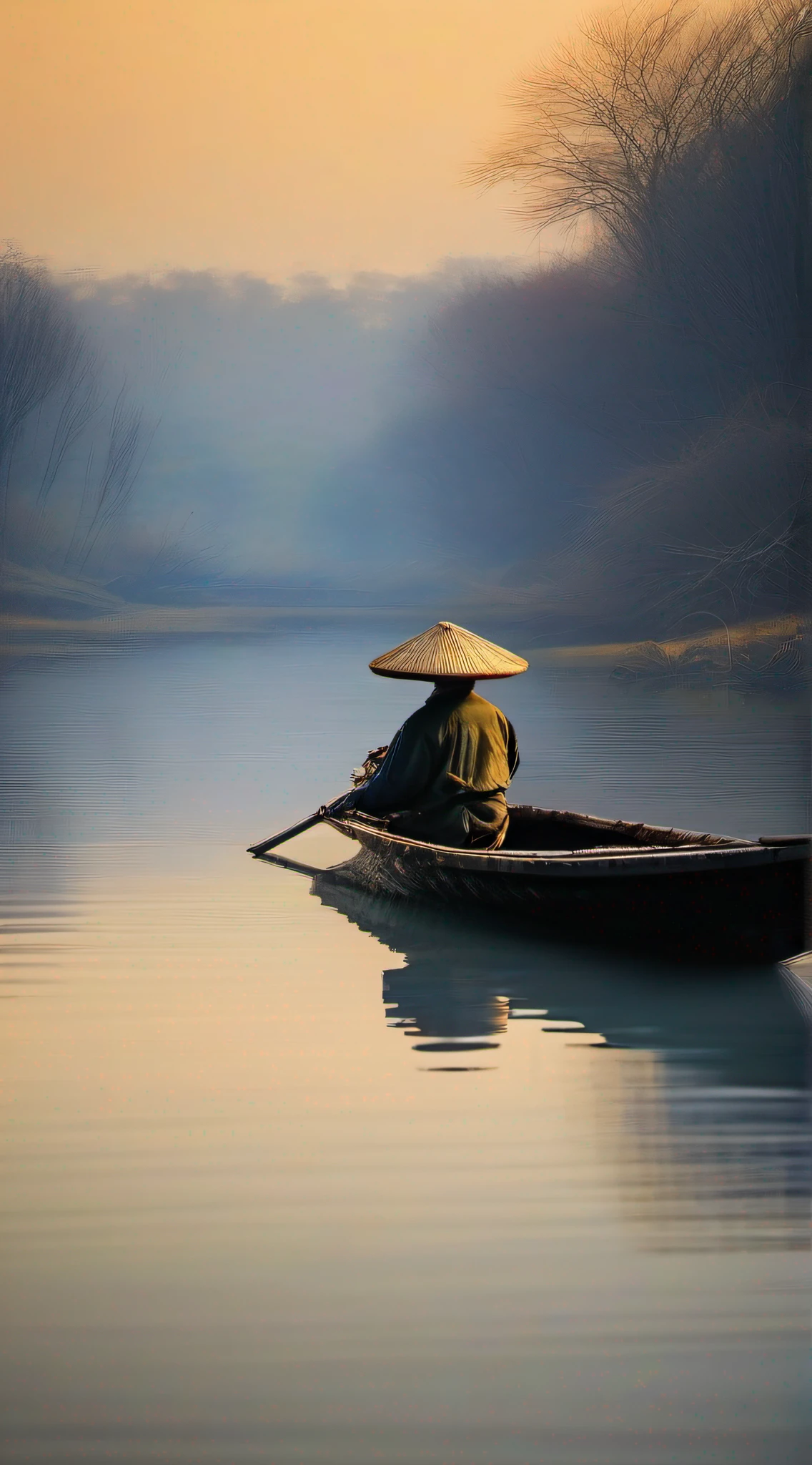 ,old fisherman floating in a boat adrift in river in the winter, ressed in a raincoat woven from straw or palm fiber ,fishing rod,Wear a Asian bamboo conical hat,he image portrays the serenity of the moment, with the solitary boat and the old man adding a touch of nostalgia. The cold river and the snow emphasize the quietness and stillness of the scene, creating a harmonious and peaceful ambiance,Faraway view