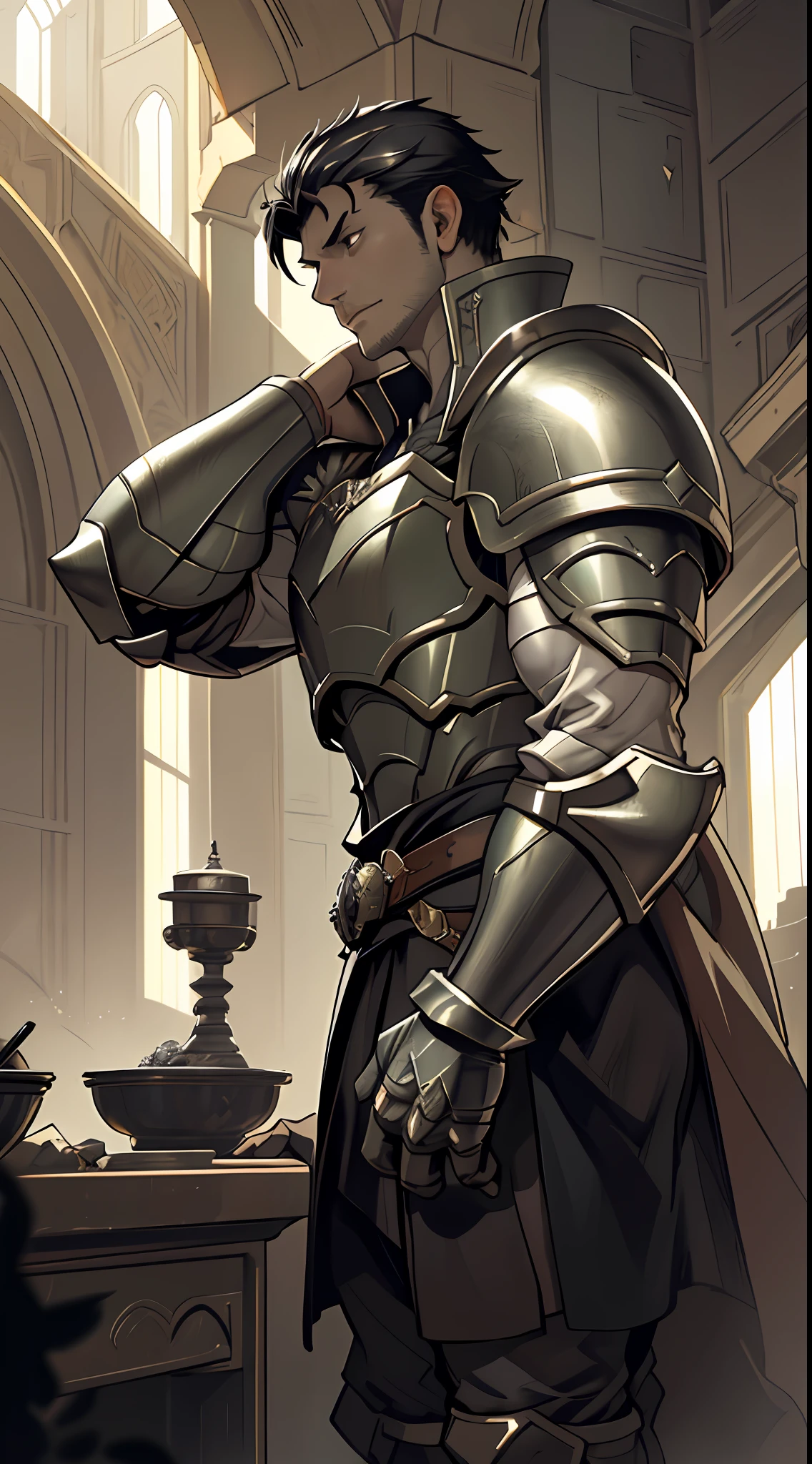 Portrait of a man, 1boy, Solo, Stand quietly, Heroes, A hero never seen before, jawline, Male, Epic, Handsome, prince, warrior, Silver armor, hyperdetailed 3d matte painting, cinemascope panoramic, awe inspiring, landscape, Natural skin texture, Sharp focus, ((Cinematic look)), insanely details, Intricate details, greg rutkovsky、Works of art by Caravaggio and Alphonse Mucha, analogue style, Castle, inside castle, Calm environment,