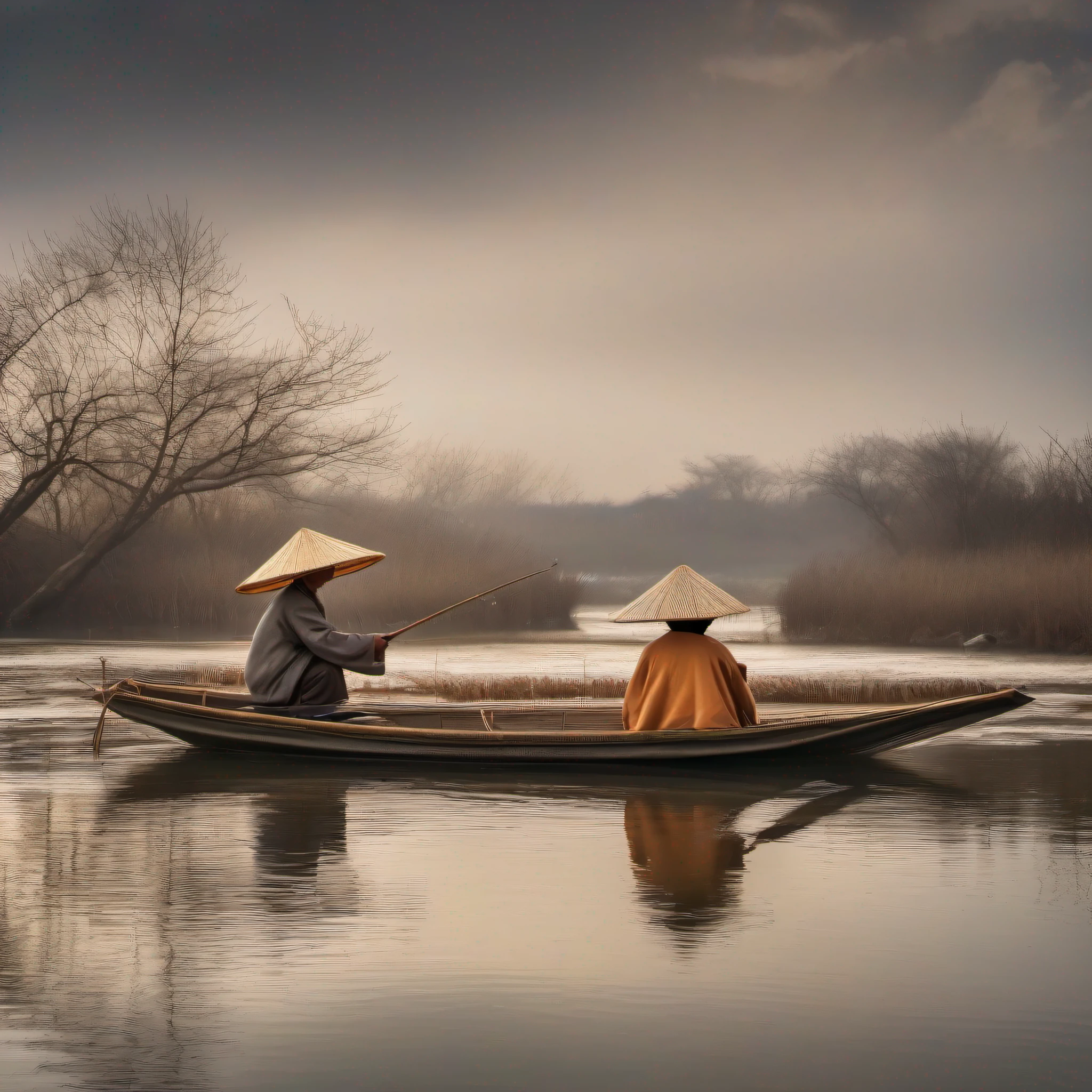 ，old fisherman floating in a boat adrift in river in the winter, ressed in a raincoat woven from straw or palm fiber ，fishing rod，Wear a Asian bamboo conical hat，he image portrays the serenity of the moment, with the solitary boat and the old man adding a touch of nostalgia. The cold river and the snow emphasize the quietness and stillness of the scene, creating a harmonious and peaceful ambiance，Faraway view