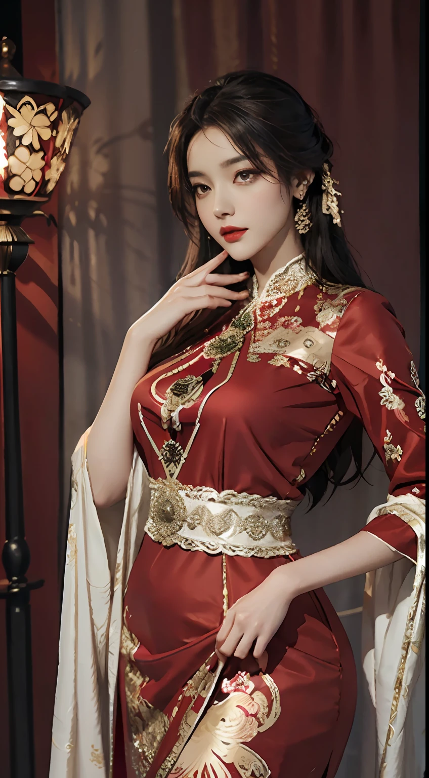 The art depicts a charming woman dressed in a flowing, silky traditional oriental dress, red, decorated with intricate patterns and bright colors. Her dress drapes elegantly over her curvy figure, accentuating her seductive silhouette. She stood gracefully in the quiet moonlit night, bathed in the soft glow of the moonlight. The scene exudes an ethereal and dreamy atmosphere, with a touch of mystery and sexiness. The graphic style blends watercolor and digital illustration techniques to evoke a refined beauty and charm. The lights are filled with soft moonlight, casting soft highlights and shadows on her charming features.