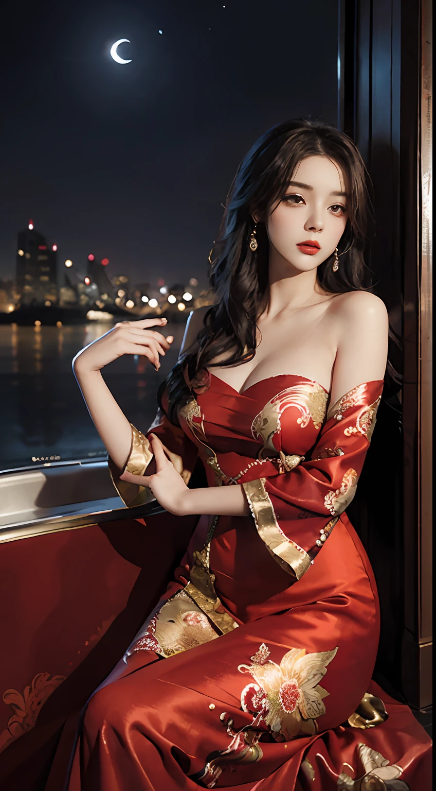 The art depicts a charming woman dressed in a flowing, silky traditional oriental dress, red, decorated with intricate patterns and bright colors. Her dress drapes elegantly over her curvy figure, accentuating her seductive silhouette. She stood gracefully in the quiet moonlit night, bathed in the soft glow of the moonlight. The scene exudes an ethereal and dreamy atmosphere, with a touch of mystery and sexiness. The graphic style blends watercolor and digital illustration techniques to evoke a refined beauty and charm. The lights are filled with soft moonlight, casting soft highlights and shadows on her charming features.