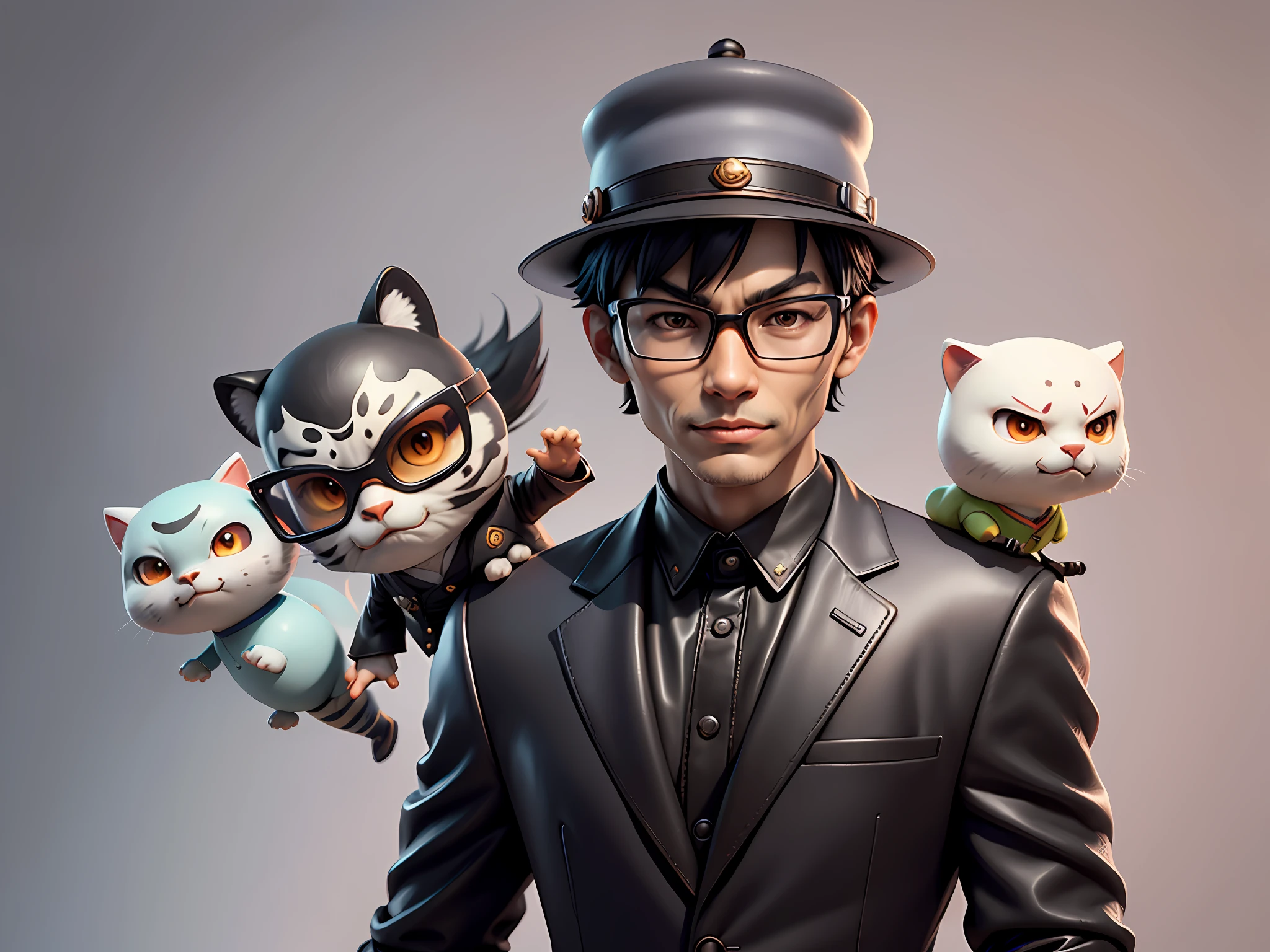 Young man with oriental face in leather hat, tiger, oriental face in formal suit, short black hair, silver glasses, digital painting, 3D character design by Mark Clairedon and Pixar and Hayao Miyazaki and Akira Toriyama, the illustration is a high-definition illustration in 4K resolution with very detailed facial features and cartoon-style visuals.
