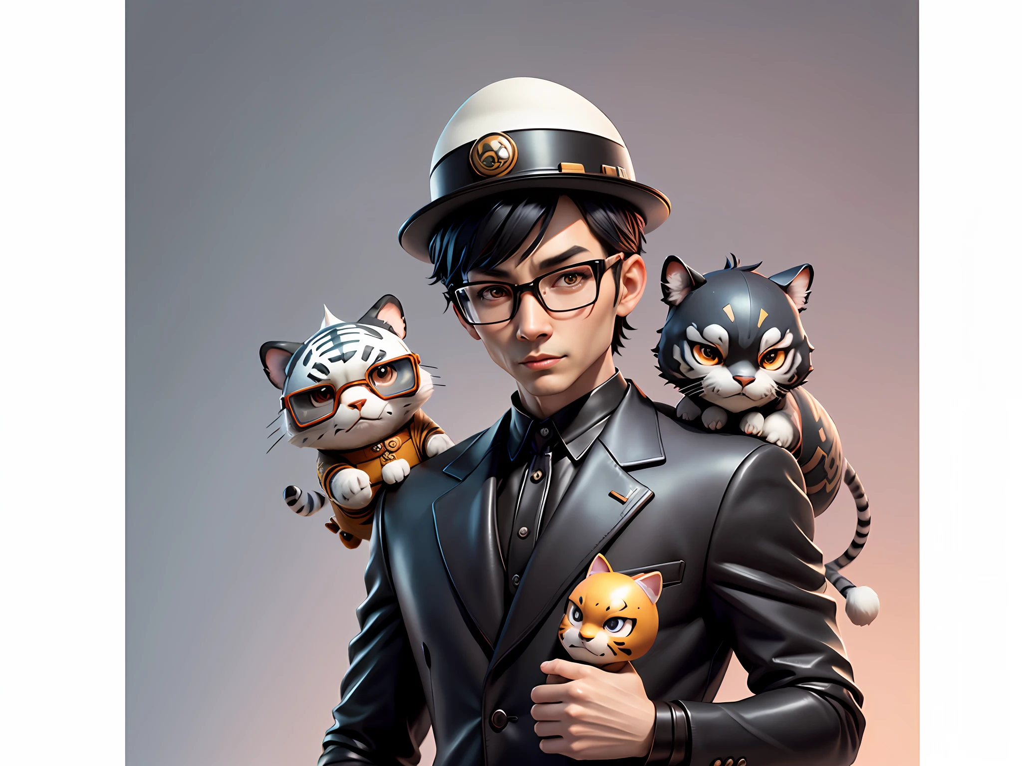 Young man with oriental face in leather hat, tiger, oriental face in formal suit, short black hair, silver glasses, digital painting, 3D character design by Mark Clairedon and Pixar and Hayao Miyazaki and Akira Toriyama, the illustration is a high-definition illustration in 4K resolution with very detailed facial features and cartoon-style visuals.