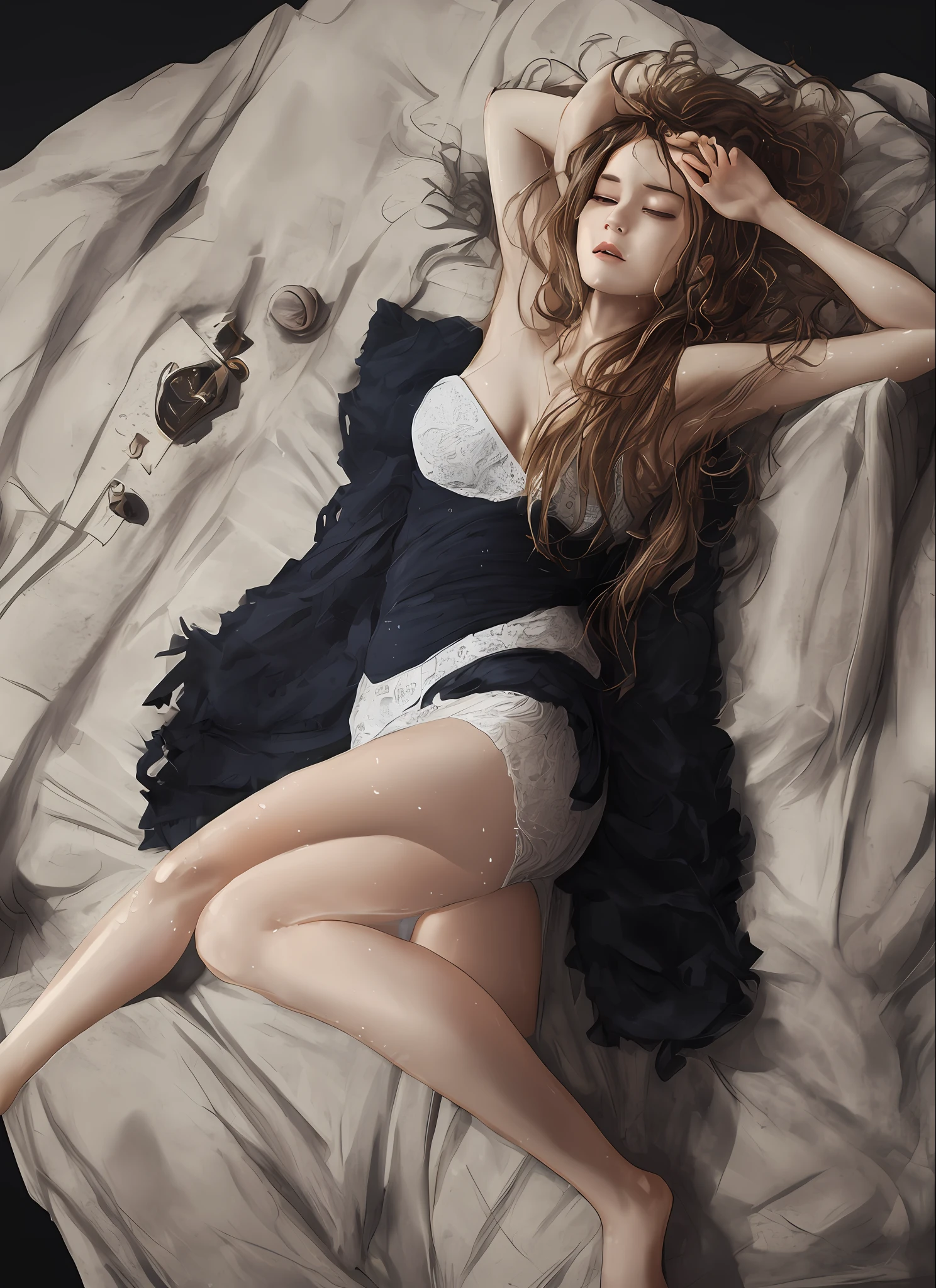 best images quality, tmasterpiece, hyper HD, (fidelity: 1.4), photore, 1 Woman, No underwear, cinematic ligh, sobu, Beds, exposed bare shoulders, Yawning face, Sleeping face, Wet crotch, seductiv, alluring face, random hair style, ssmile, rough breathing, lay on back, lying up, Arm Raised, Super smoke, deep dark background, with black background, wlop, from the above,