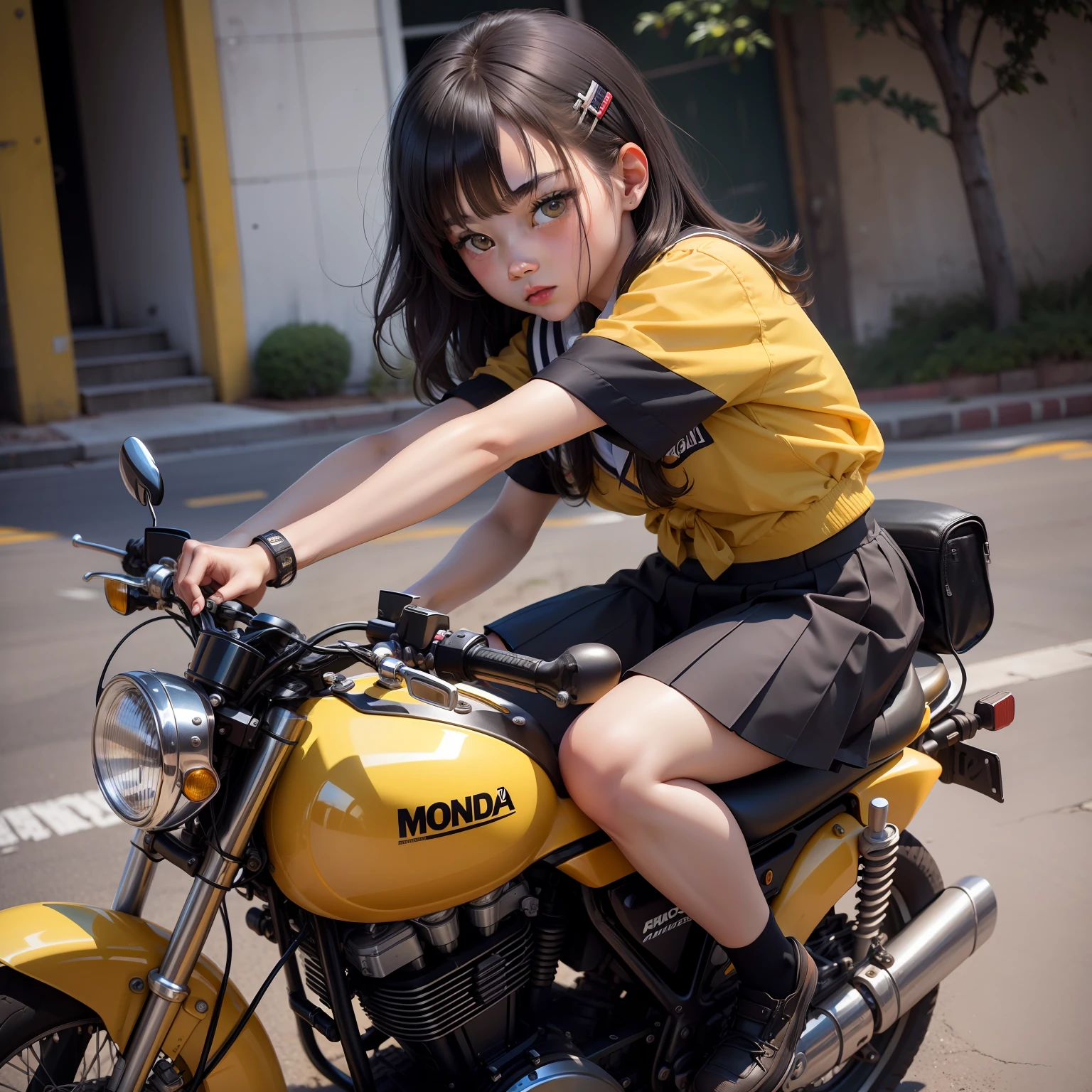 8K, Top Quality, Real Image, Complex Detail, Ultra Detail, Ultra High Definition, Depth Field,(Photorealistic,Real:1.2),Masterpiece, 0.25 :: Close Up , Straight On Shot , From Middle , 1girl, ai_chan, Very beautiful 17 year old girl, Innocent big eyes, (Black_SHORT_hair), ),disheveled hair,(hair clip), Riding a yellow Honda Monkey motorcycle. School uniform. School yard.