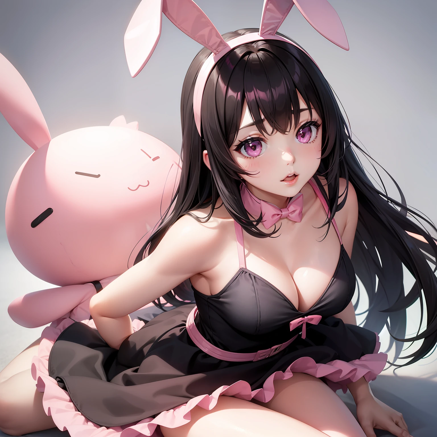 a women, pink bunny ears, black hair, pink eyes, pink dress