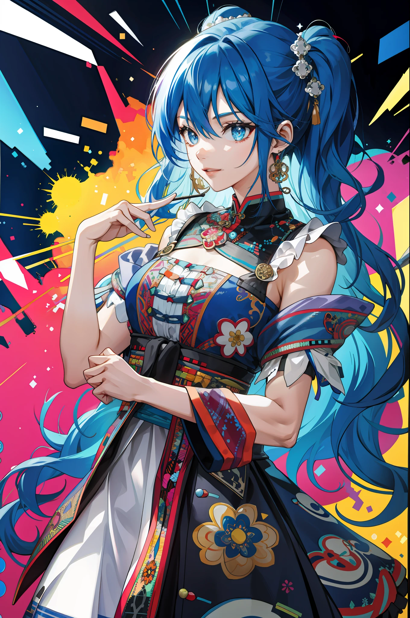 (absurdres, highres, ultra detailed), (1girl:1.3), wavy blue hair, BREAK , glitch art, digital distortion, pixelated fragments, data corruption, colorful noise, visual chaos, contemporary aesthetics BREAK , enamel art, glass-like surface, vibrant colors, glossy finish, reflective textures, rich pigments, fluid forms BREAK , ethnic style, traditional clothing, vibrant patterns, handmade textiles, cultural motifs, beaded jewelry, artisanal accessories