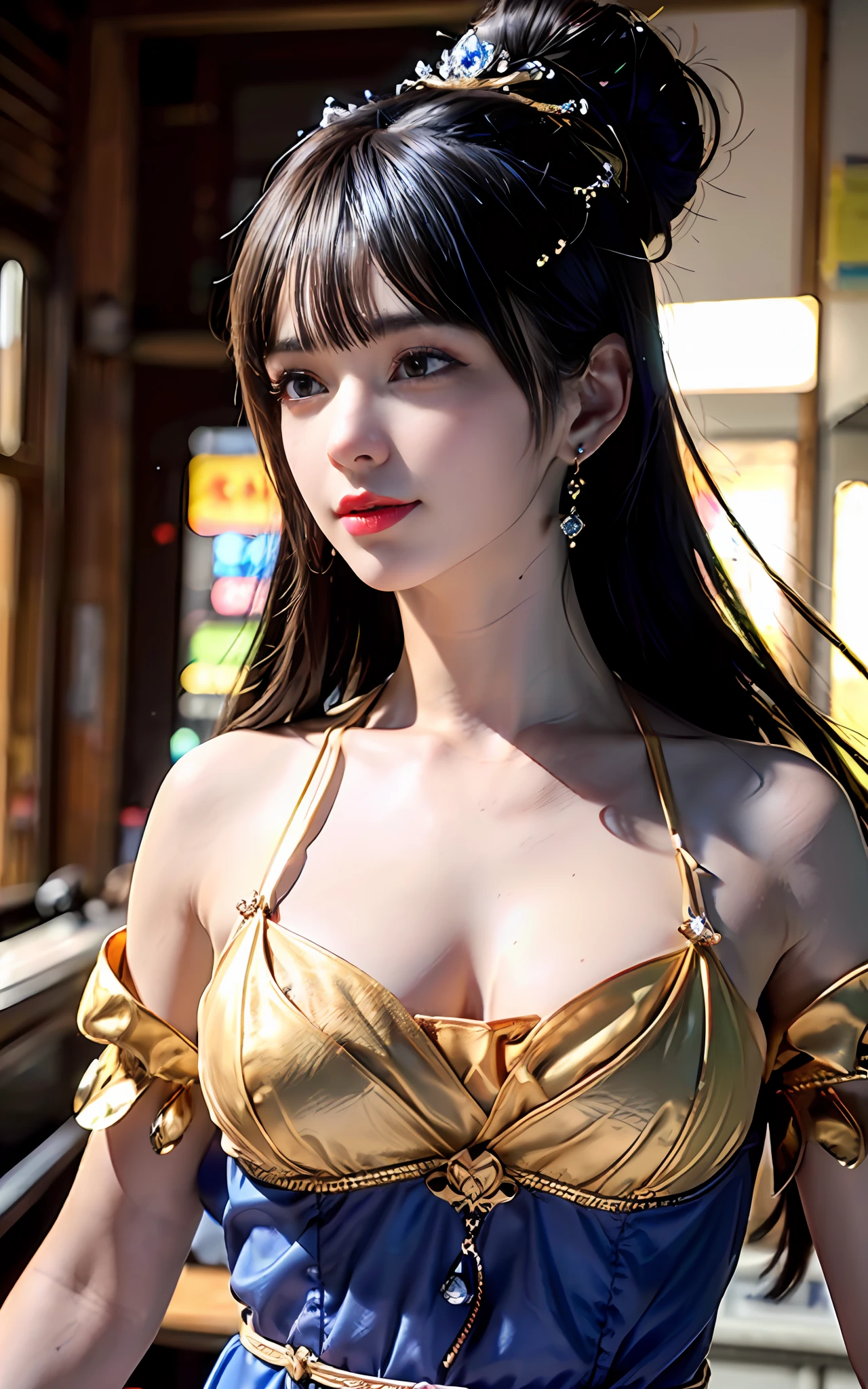 ((realisticity: 1.2)), ((best resolution: 8K UHD)), best quality,masterpiece,highres,cg,
((1 super detailed and super realistic girl)), ((very beautiful queen dazzling, super realistic, and super detailed)), long hair, ((super realistic and super detailed dress)), solo, ((super realistic, super beautiful, gorgeous and super detailed jewelry)), ((super beautiful, super realistic and super detailed dark blue and golden yellow dress)),
((super beautiful, super realistic, super detailed diamond filled earrings)),
  ((super beautiful, super realistic and super detailed diamond filled hair ornament)), ((super beautiful upper body, super beautiful, super realistic and super detailed)), ((: 2.5)), 
((super grand, super realistic and super detailed royal palace backgroun))
((super beautiful, super beautiful, super realistic and super detailed hair bun)), ((super beautiful, super realistic and super detailed blue hair)),
candid, Photograph, high resolution, 8k,Bokeh,
