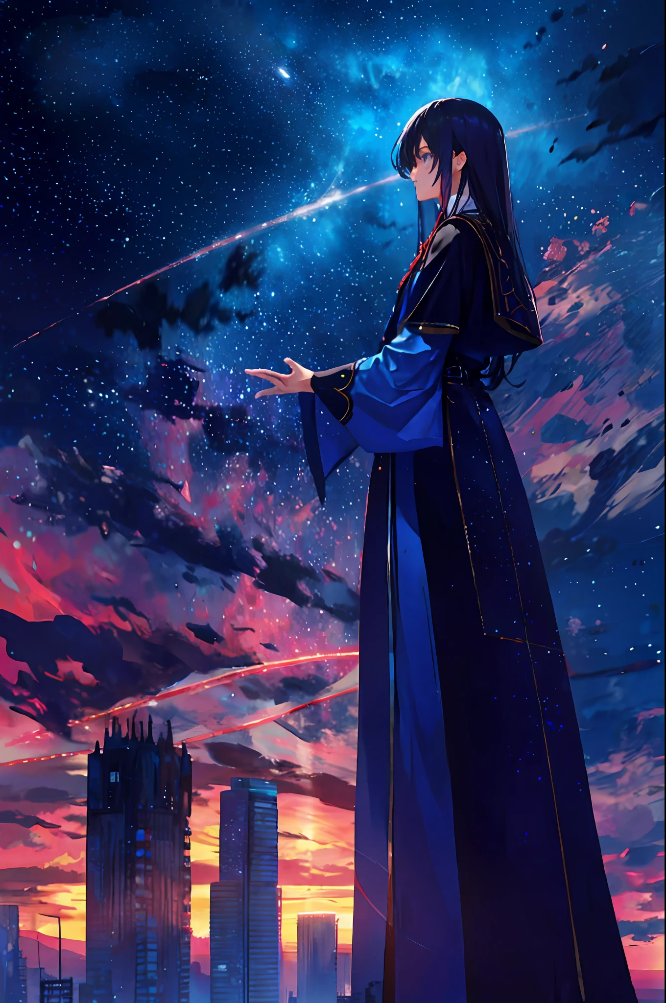 towers of god, blue towers, violet, blue, red, god, red sky, violet sky, starry sky, stars, starry towers, starry god, light blue, civilization, order