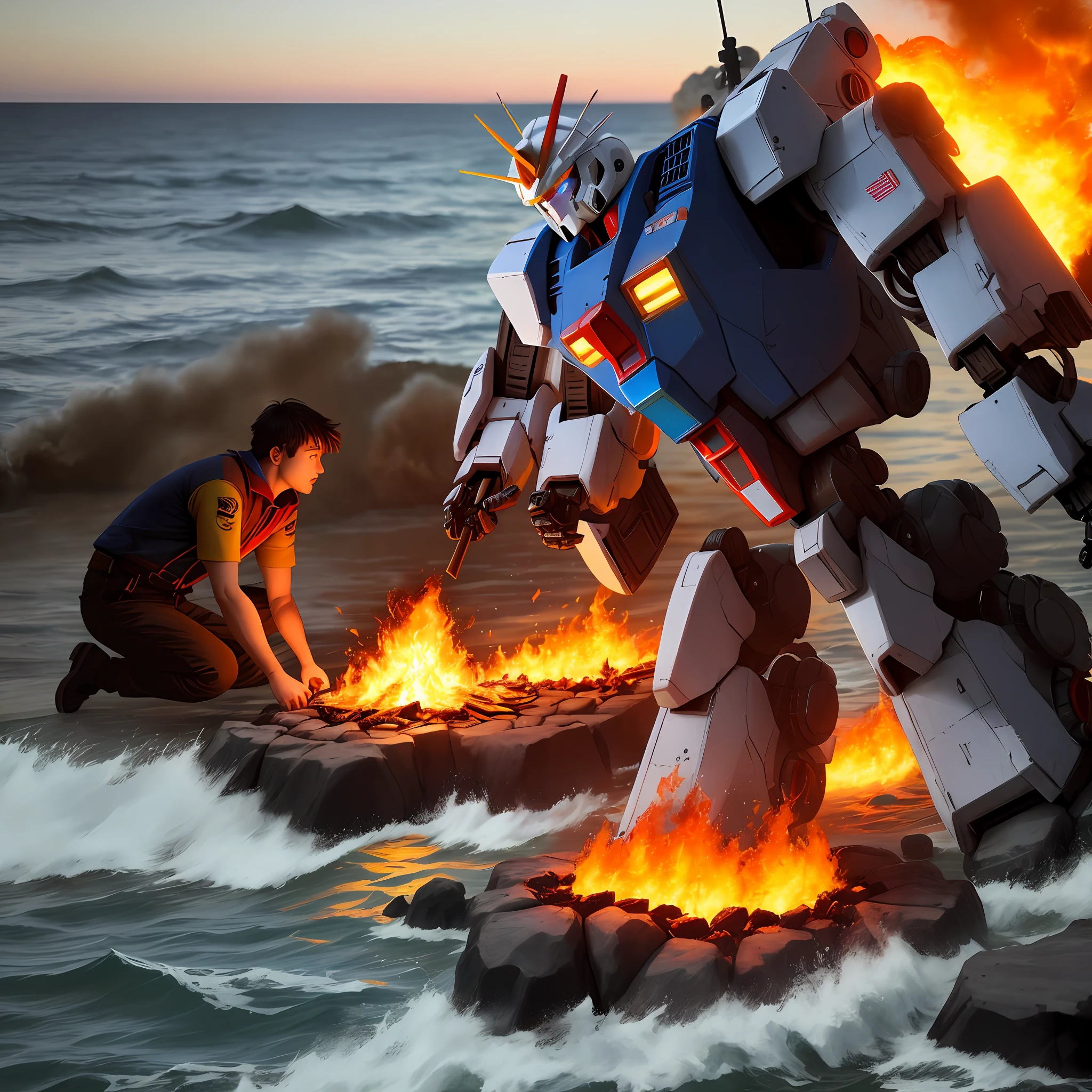 Blue Gundam robot lights a fire in the sea and roasts chicken drumsticks