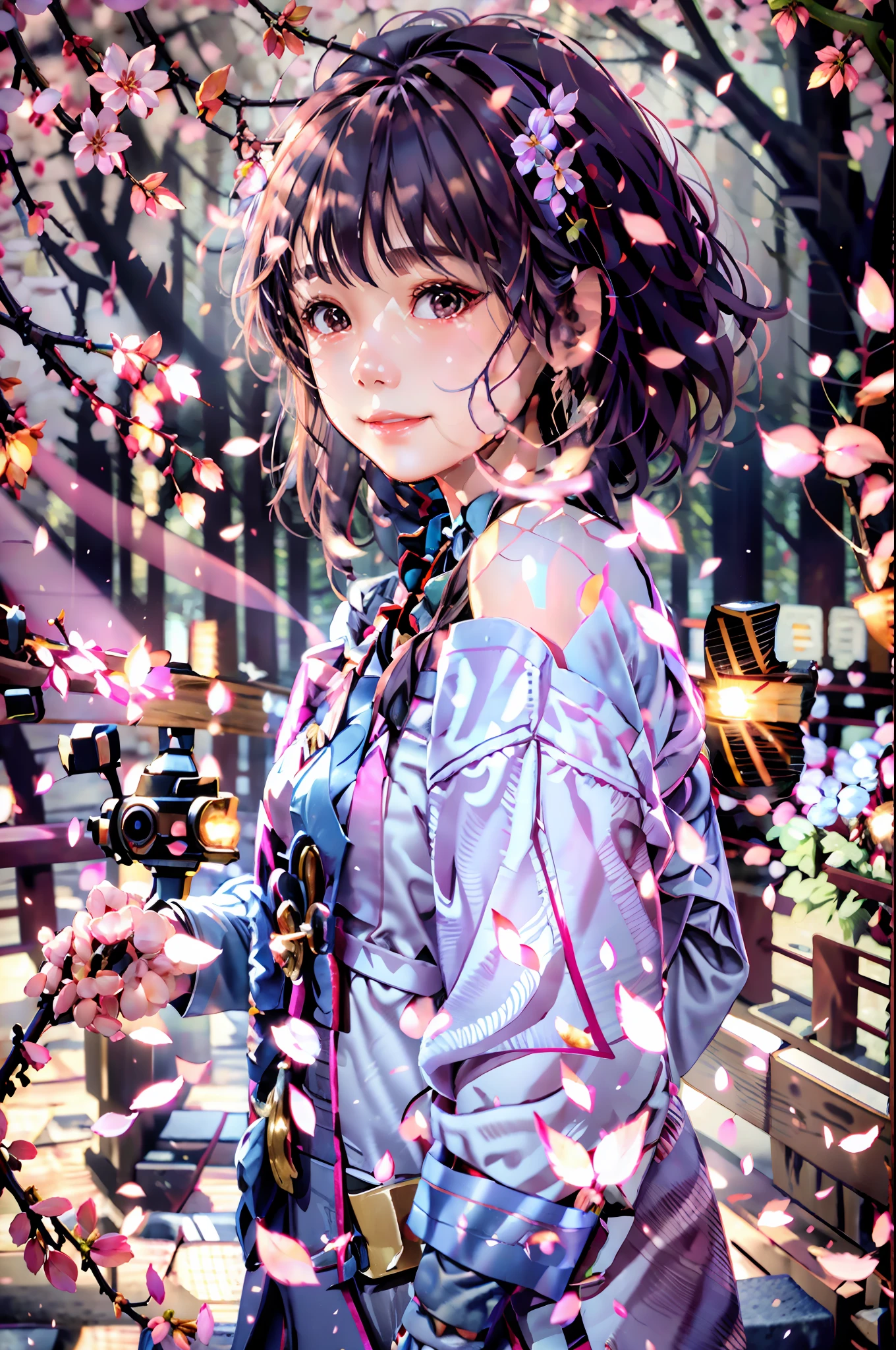 "Masterpiece level,Premium image quality,iintricate,Soft light and shadow,Traced rays with a depth of field effect,Flare effects,particle fx,Tone-mapping,Detailed picture,A -yeld giwears a pink and gray dress,Flowers bloom around,floating petal,Bright smile,In the autumn forest。"