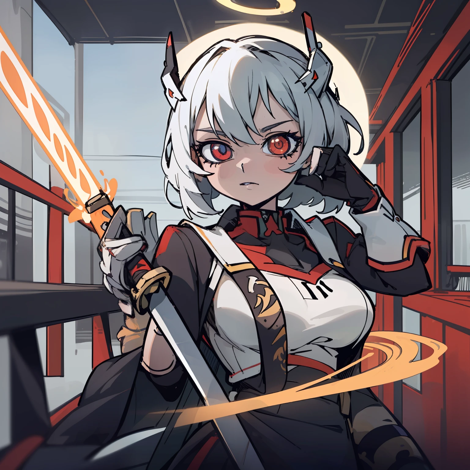 1 girl in, solamente, Ayanami desde Azur Lane, Postura de lucha, Katana en mano, Great massive lightsaber, Espada oscilante, Katana altamente detallada, (Obra maestra), (La mejor calidad), ojos detallados, hermosas manos, Manos rectas, cabello brillante, cabello rubio claro, Cabello largo, cabello lacio, ojos anaranjados rojizos. cuerpo completo, sudoroso, small breasts, En pie, cielo azul, (((armadura espartana roja y plateada de Halo))), En pie, (Rifle altamente detallado),