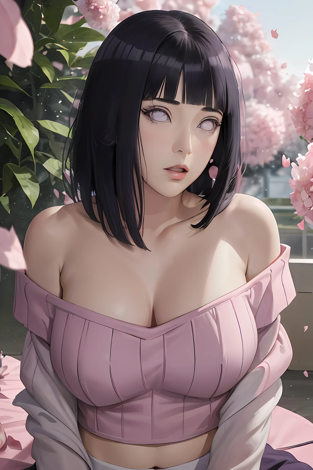 masterpiece, absurdres, hinata\(boruto\), 1girl, solo,mature female, Off-shoulder knit crop top, looking at viewer, (falling petals), perfect composition, detailed lips, big breast, beautiful face, body propotion, blush, (pink lips), long hair,  purple eyes,  soft gaze,  super realistic, detailed, photoshoot, realistic face and body