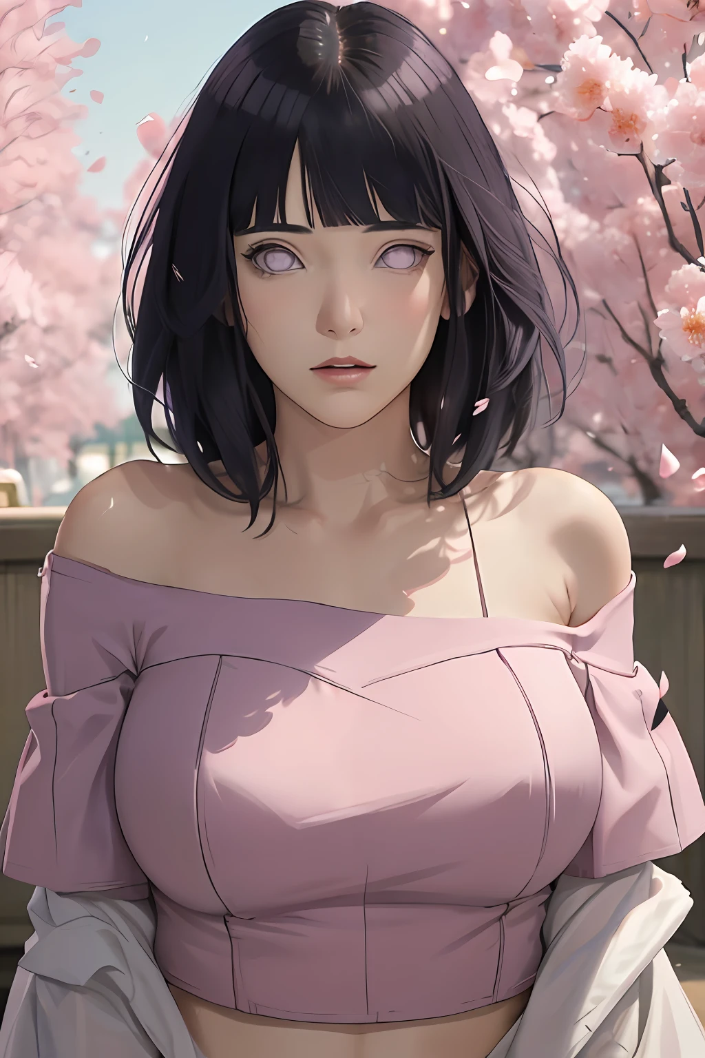 masterpiece, absurdres, hinata\(boruto\), 1girl, solo,mature female, Off-shoulder knit crop top, looking at viewer, (falling petals), perfect composition, detailed lips, big breast, beautiful face, body propotion, blush, (pink lips), long hair, purple eyes, soft gaze, super realistic, detailed, photoshoot, realistic face and body