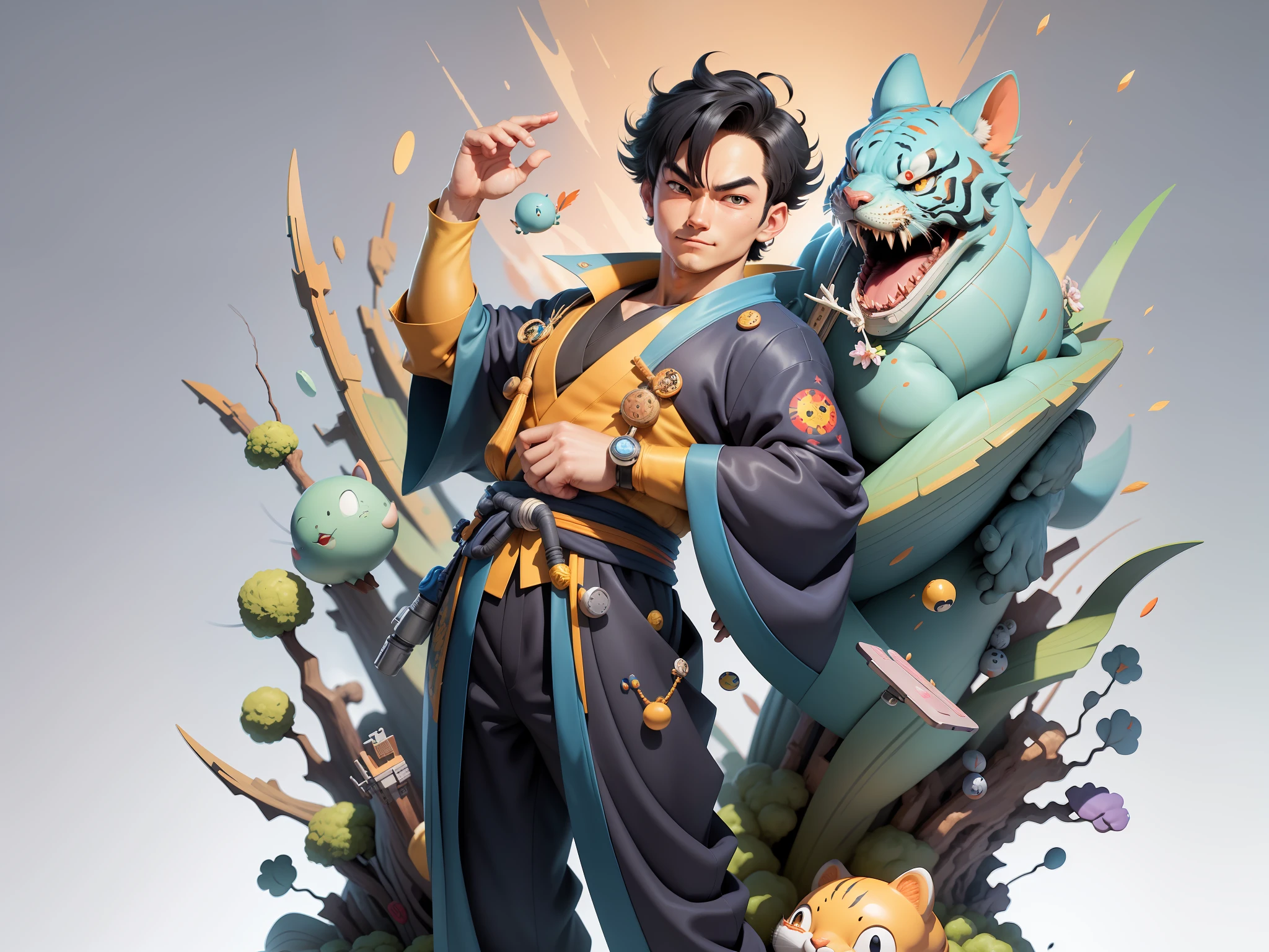 (Masterpiece), (Excellent), (Super Meticulous), (Full Body: 1.2), Super Young Man, Oriental Face, Japanese Kimono, Japanese Wind Thunder God, Dragon, Tiger, TV Anchor, Bust Portrait Illustration, Alone, Black Suit, Blue Tie, Slightly Chubby Face, Very Clean Face, No Beard, Black Super Short Hair, Black Eyes, Confident Smile, 3c Computer Sub-Products, iPad, iPhone, Digital Painting, 3D Character Design by Akira Toriyama and Mark Claireden and Pixar and Hayao Miyazaki, The illustration is a high-definition illustration in 4K resolution with very detailed facial features and cartoon-style visuals.