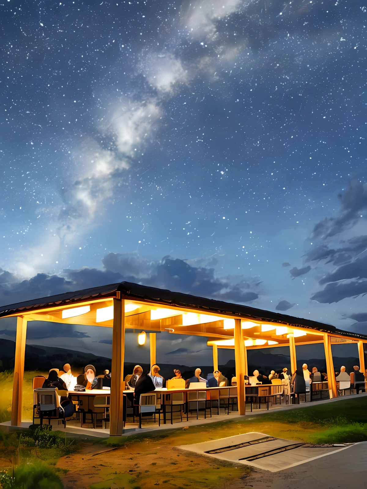 The countryside under the night sky is brightly lit, and people are talking and chatting with fans