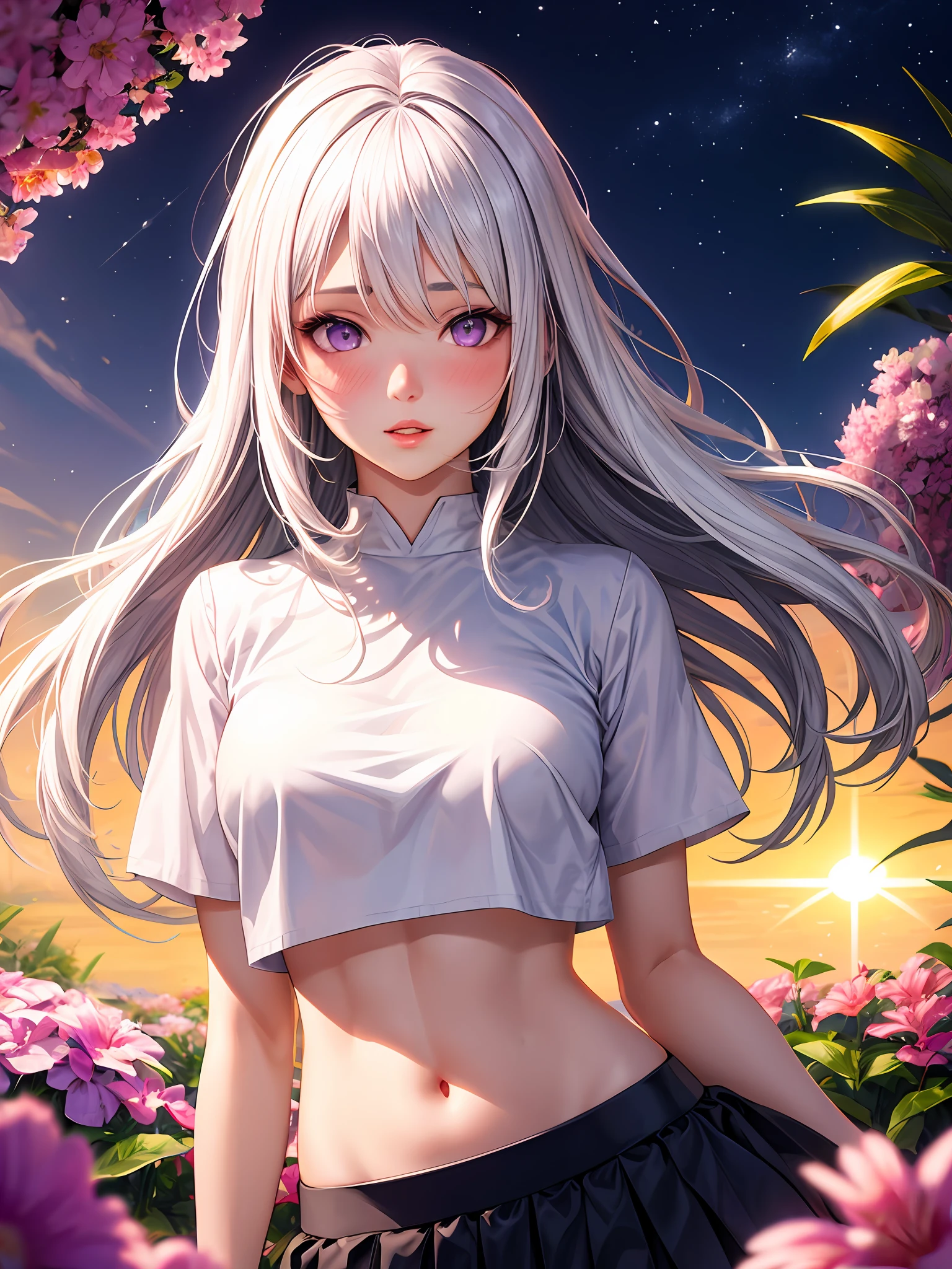 realistic, 1girl, white hair, purple eyes, glowing eyes, crop top, skirt, parted lips, blush, night, flowers, sun, sunlight,