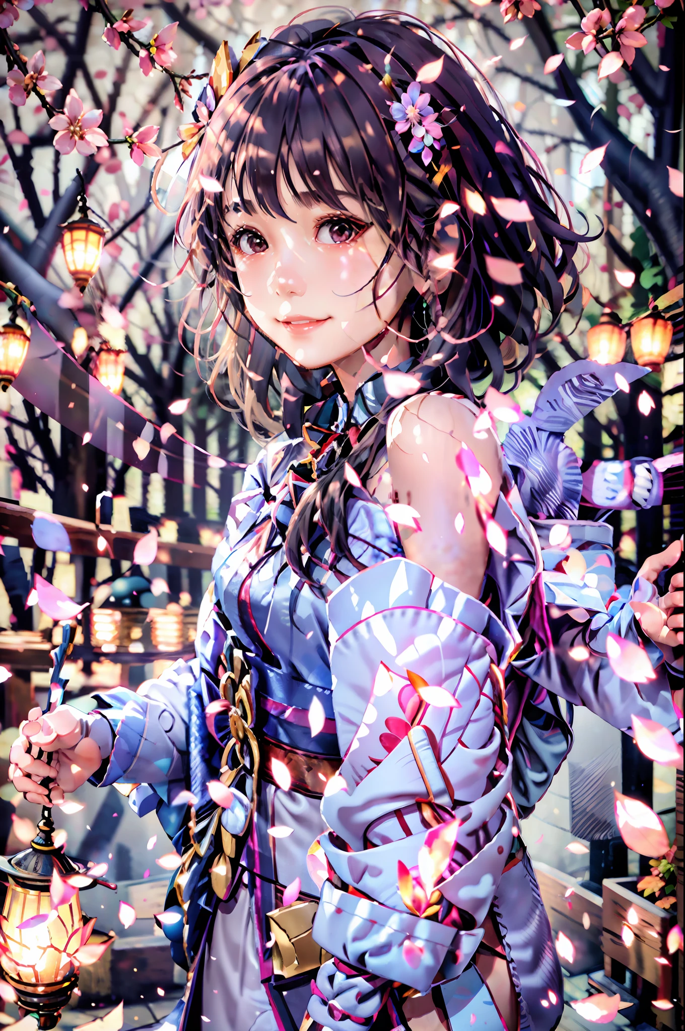 "Masterpiece level，Premium image quality，iintricate，Soft light and shadow，Traced rays with a depth of field effect，Flare effects，particle fx，Tone-mapping，Detailed picture，A 16-year-old girl wears a pink and gray dress，Flowers bloom around，floating petal，Bright smile，In the autumn forest。"