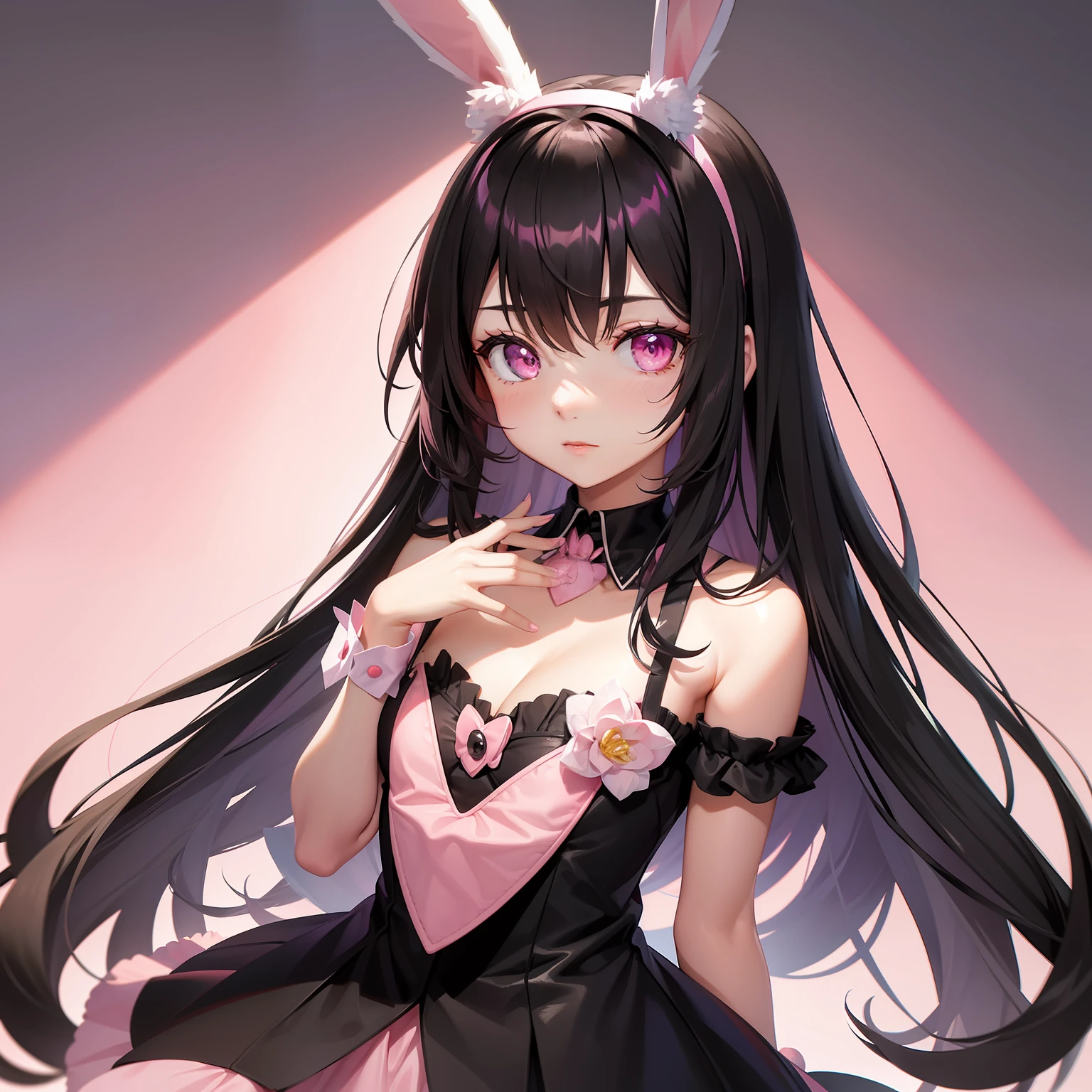 a women, pink bunny ears, black hair, pink eyes, pink dress