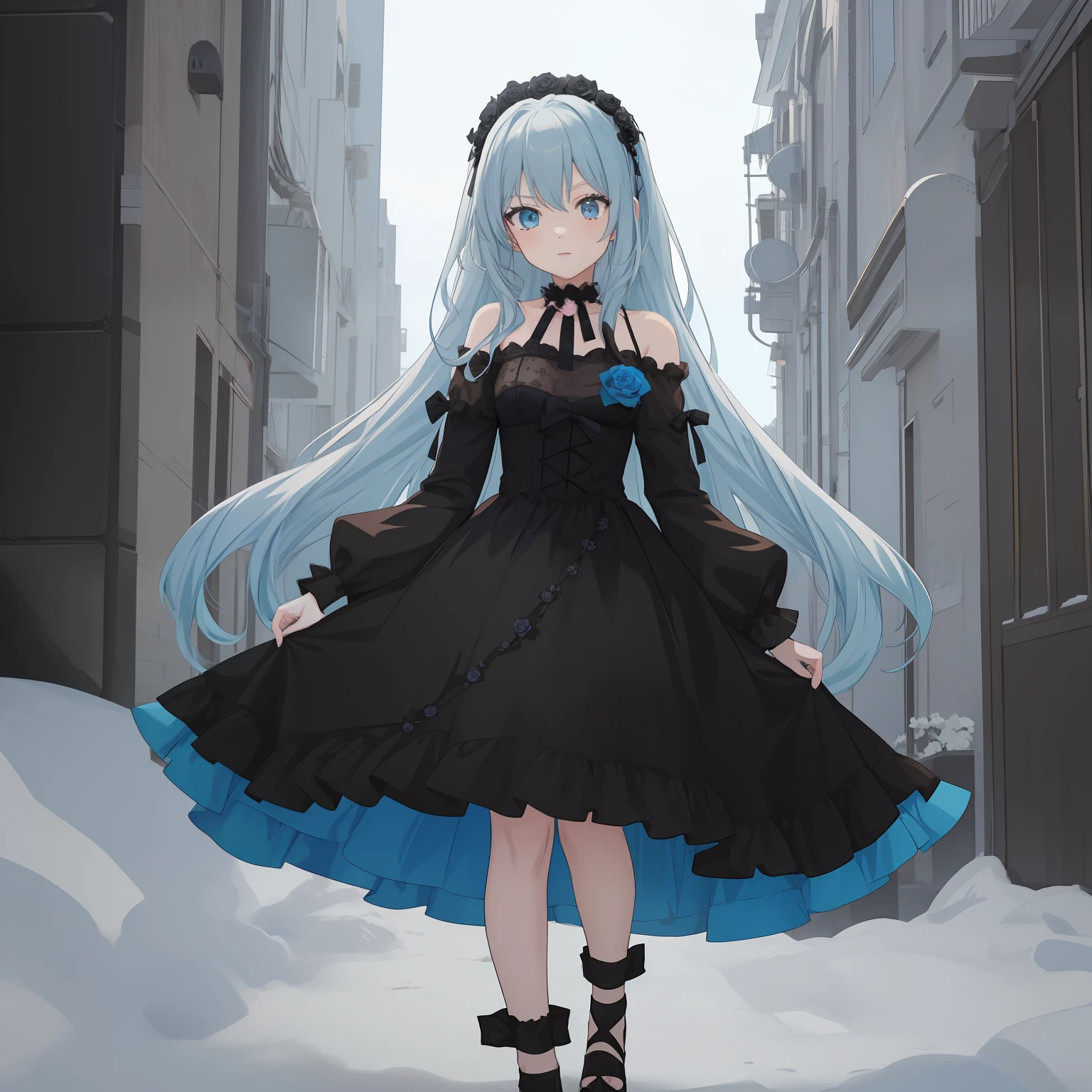 Anime style wallpaper，Blue-haired girl in black dress holding roses，blue color eyes，Gothic anime shoujo，Black dress loli anime girl，8K high-definition，4K style anime wallpaper，White-haired girl，4K Anime Art Wallpapers，black roses，Cute dress loli，Beautiful anime girl，demon anime girl，4k anime wallpapers。