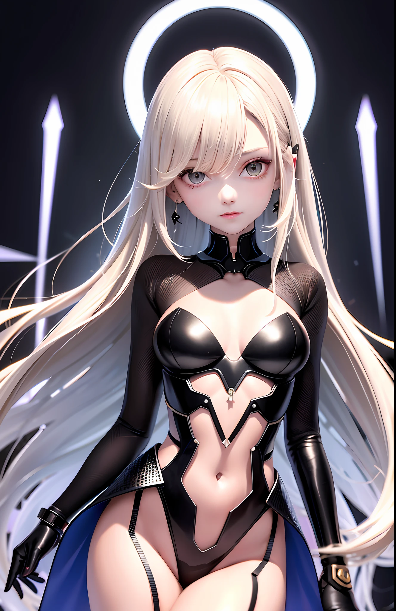 optimum,tmasterpiece,A high resolution,best qualtiy,hyper HD,super detailing,Award-Awarded,16k,独奏,(The upper part of the body),anatomy correct,Beautiful cyberpunk girl,Ex Machina,cute face,high light,Gradient Beige Hair,Hairline,((Scarlet eyes)),long eyelasher,Hanging eye corners,White skin of the,(small boobs),(Slim body),(()),((coat_dress)),ear studs,(neck rings), very short gloves,(Laser material clothing:1.2)