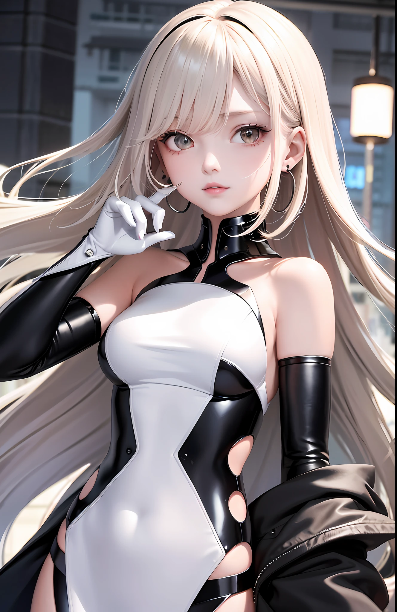 optimum,tmasterpiece,A high resolution,best qualtiy,hyper HD,super detailing,Award-Awarded,16k,独奏,(The upper part of the body),anatomy correct,Beautiful cyberpunk girl,Ex Machina,cute face,high light,Gradient Beige Hair,Hairline,((Scarlet eyes)),long eyelasher,Hanging eye corners,White skin of the,(small boobs),(Slim body),(()),((coat_dress)),ear studs,(neck rings), very short gloves,(Laser material clothing:1.2)
