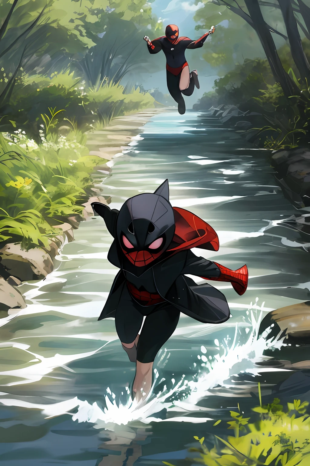 Beautuful Women,Wearing black Spider-Man clothes,Swim in the creek,There is a megalodon chase behind