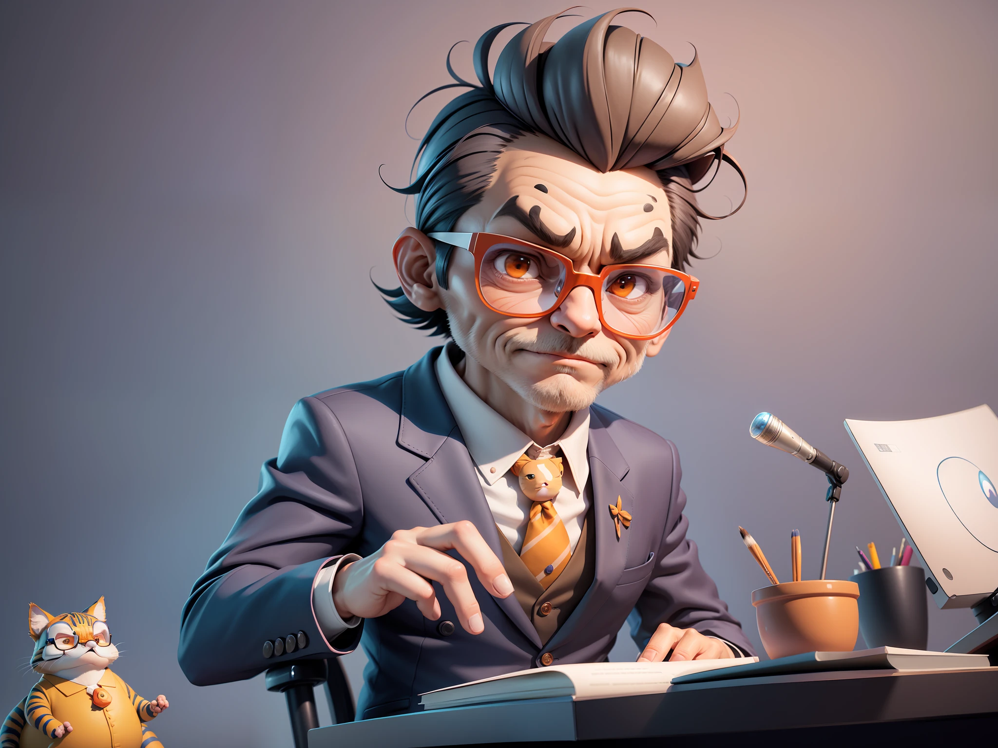 A young man in a suit, Short hair and glasses sat at his desk,holding laptop,digitial painting,tigre,3D character design by Mark Clairen and Pixar and Hayao Miyazaki and Akira Toriyama,4K HD illustration,Very detailed facial features and cartoon-style visuals。