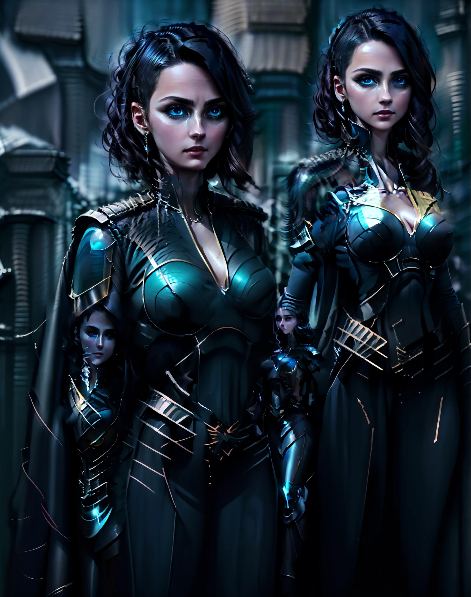 4K, Masterpiece, highres, An ethereal woman with an aura, gazing into the distance, wearing a black futuristic armor, mesmerizing blue eyes, enchanting digital painting, immersive dark fantasy, captivating magic fantasy.